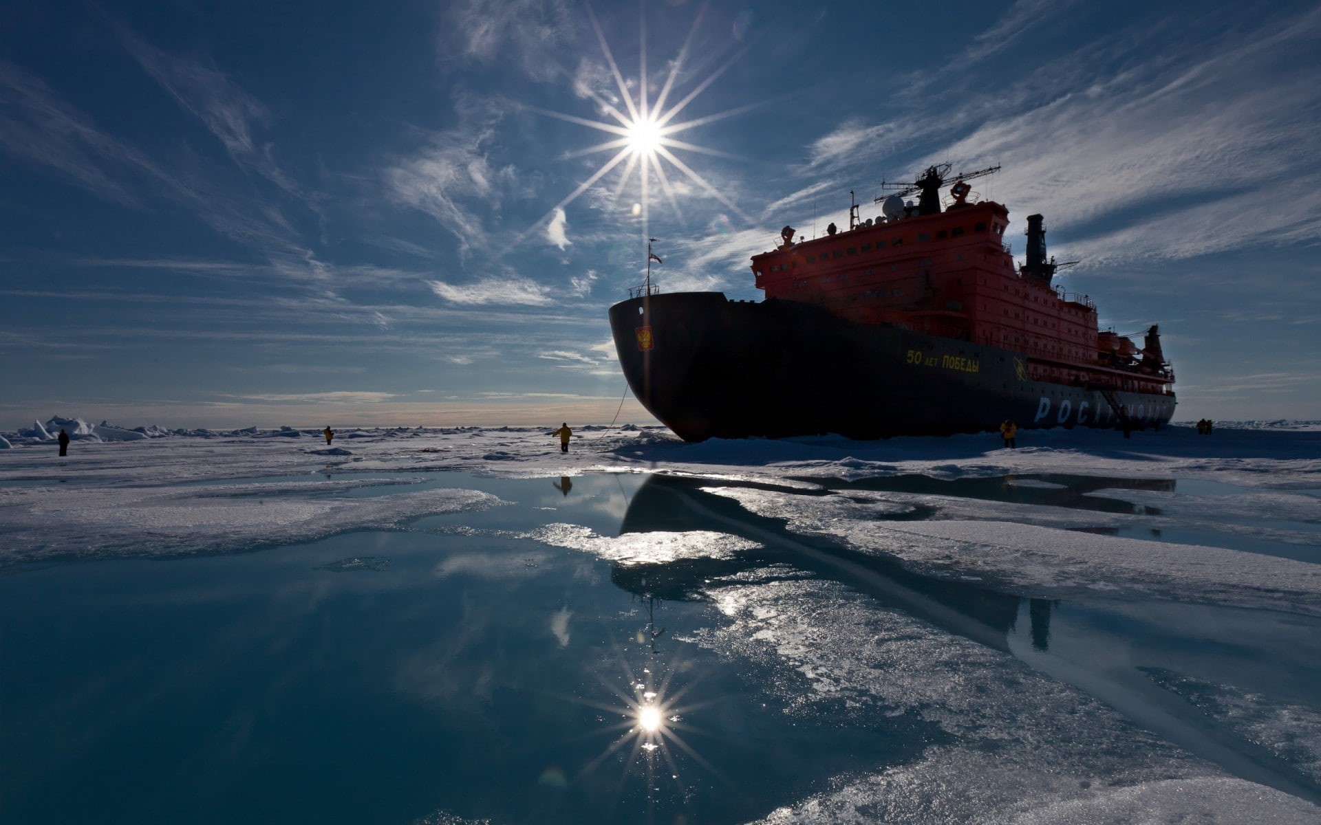 ship, 50 Let Pobedy, Sun, ice breaker, 1080P, Russian icebreaking fleet, water, ice, photography, HD Wallpaper
