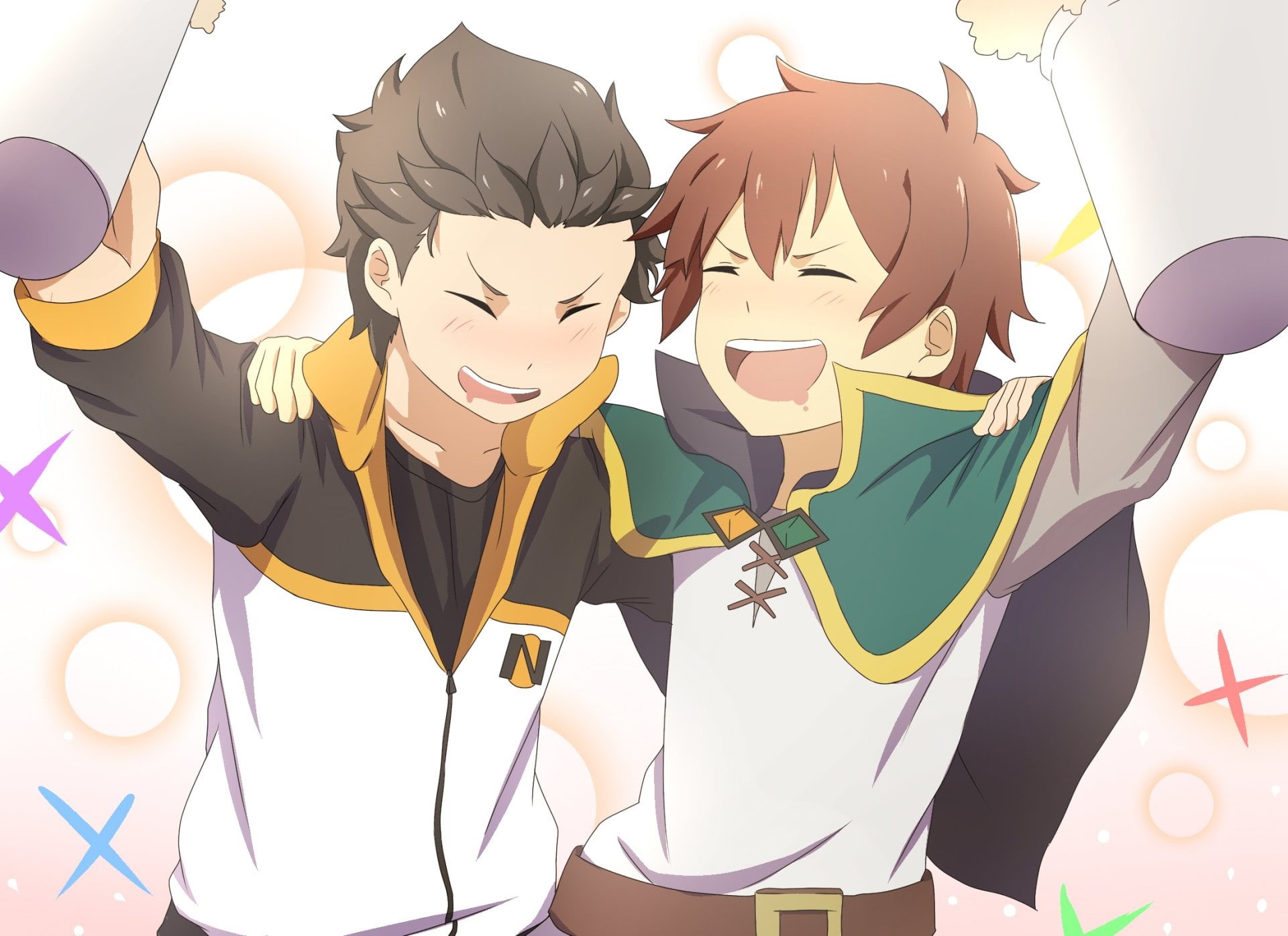 indoors, Kazuma Satou, mask - disguise, KonoSuba, Re:ZERO -Starting Life in Another World-, no people, representation, Crossover, day, Subaru Natsuki, arts culture and entertainment, HD Wallpaper