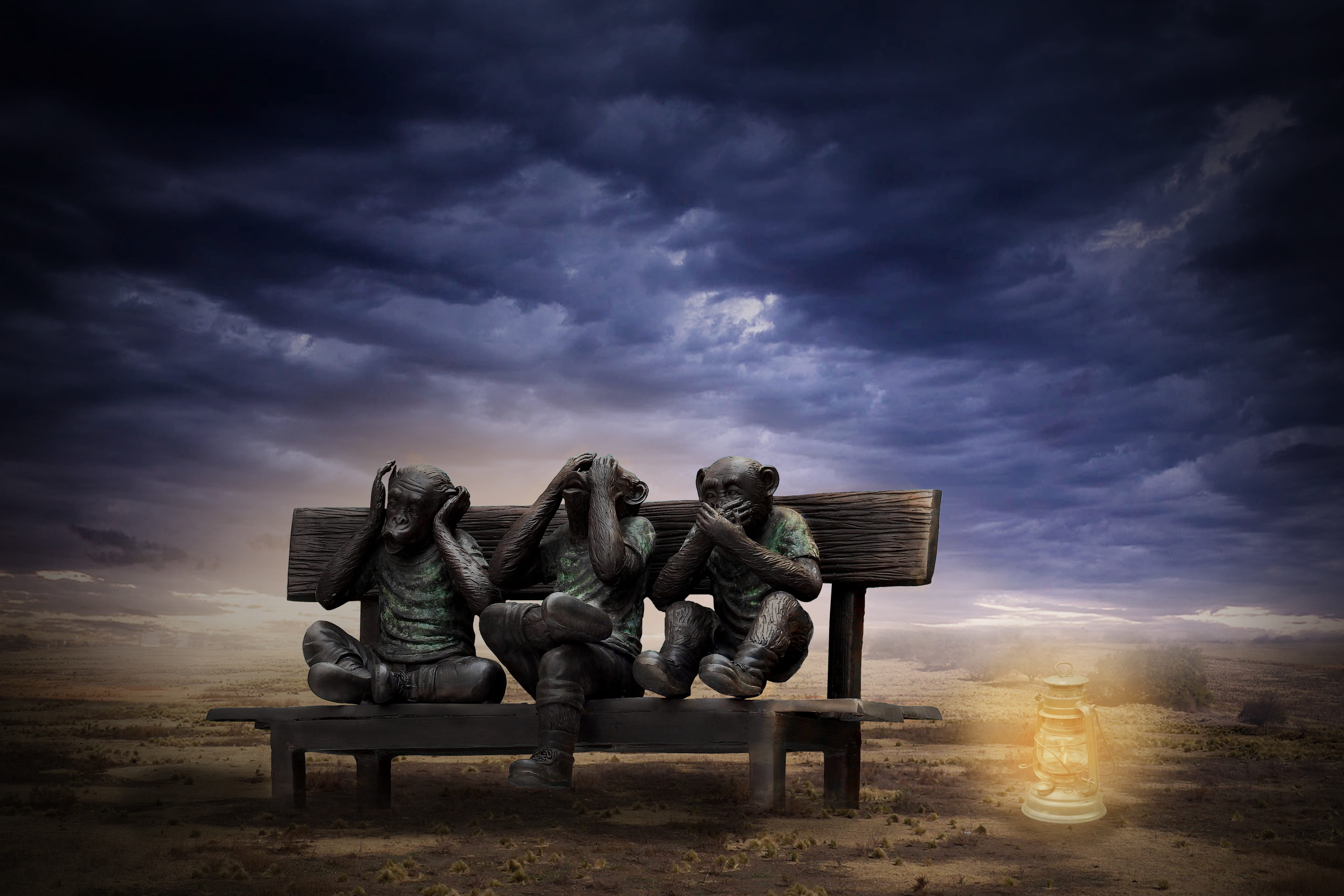 sculpture, creativity, cloud - sky, bench, see nothing, wise, human representation, storm, 5K, dramatic sky, digital composite, architecture, seating, HD Wallpaper