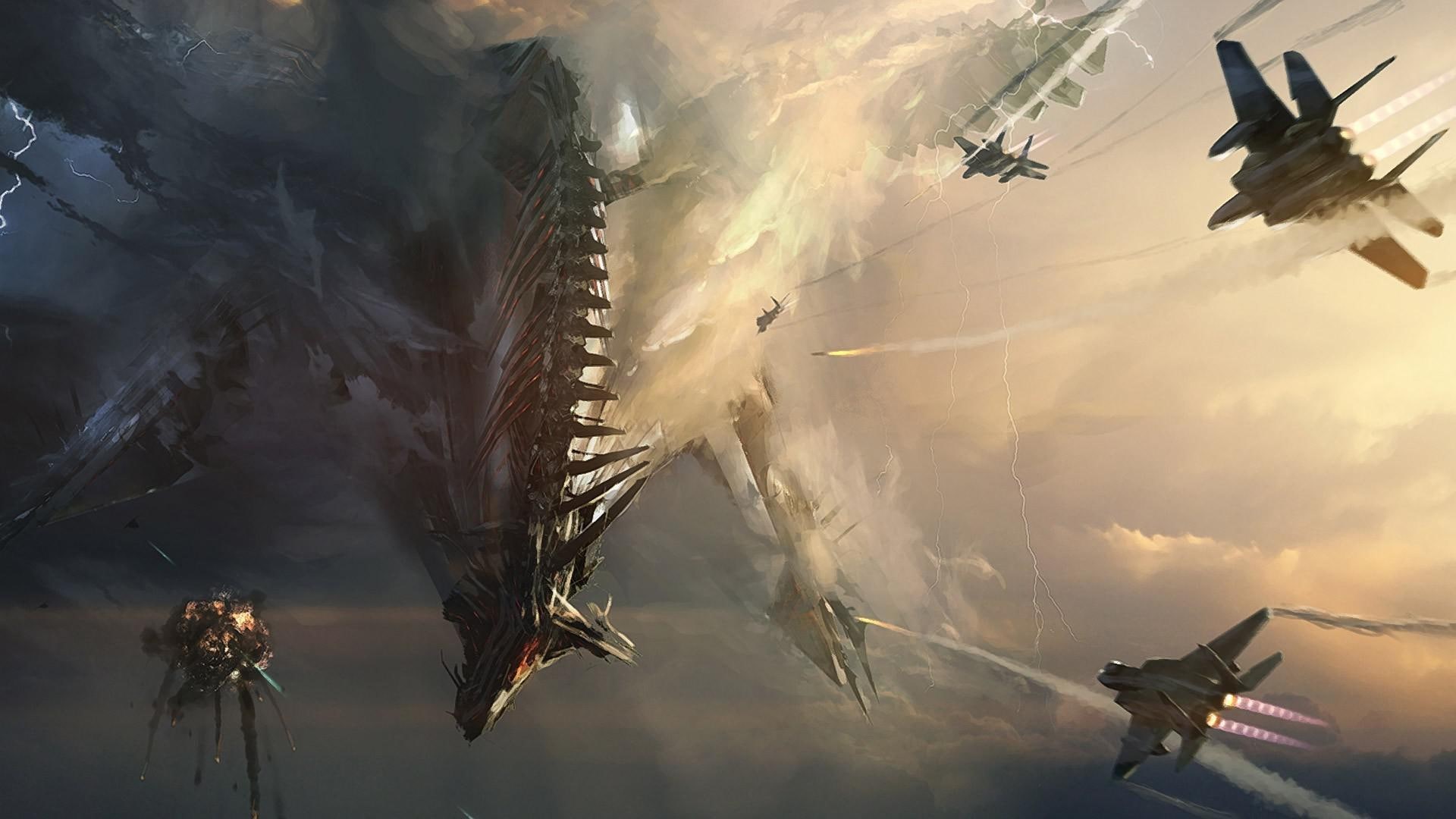 robot, jet, dragon, defeating, 1920x1080, spaceship, jets, fantasy, grey, 1080P, plane, HD Wallpaper