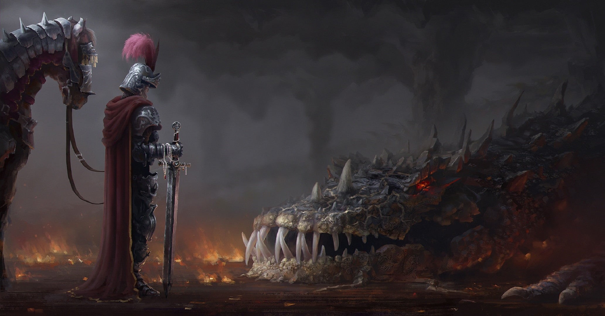 dragon, cloak, fangs, fog, sword, knight, hackle, 1080P, slam, mouth, defeated, armor plate, Andrei Polenov, horse, HD Wallpaper
