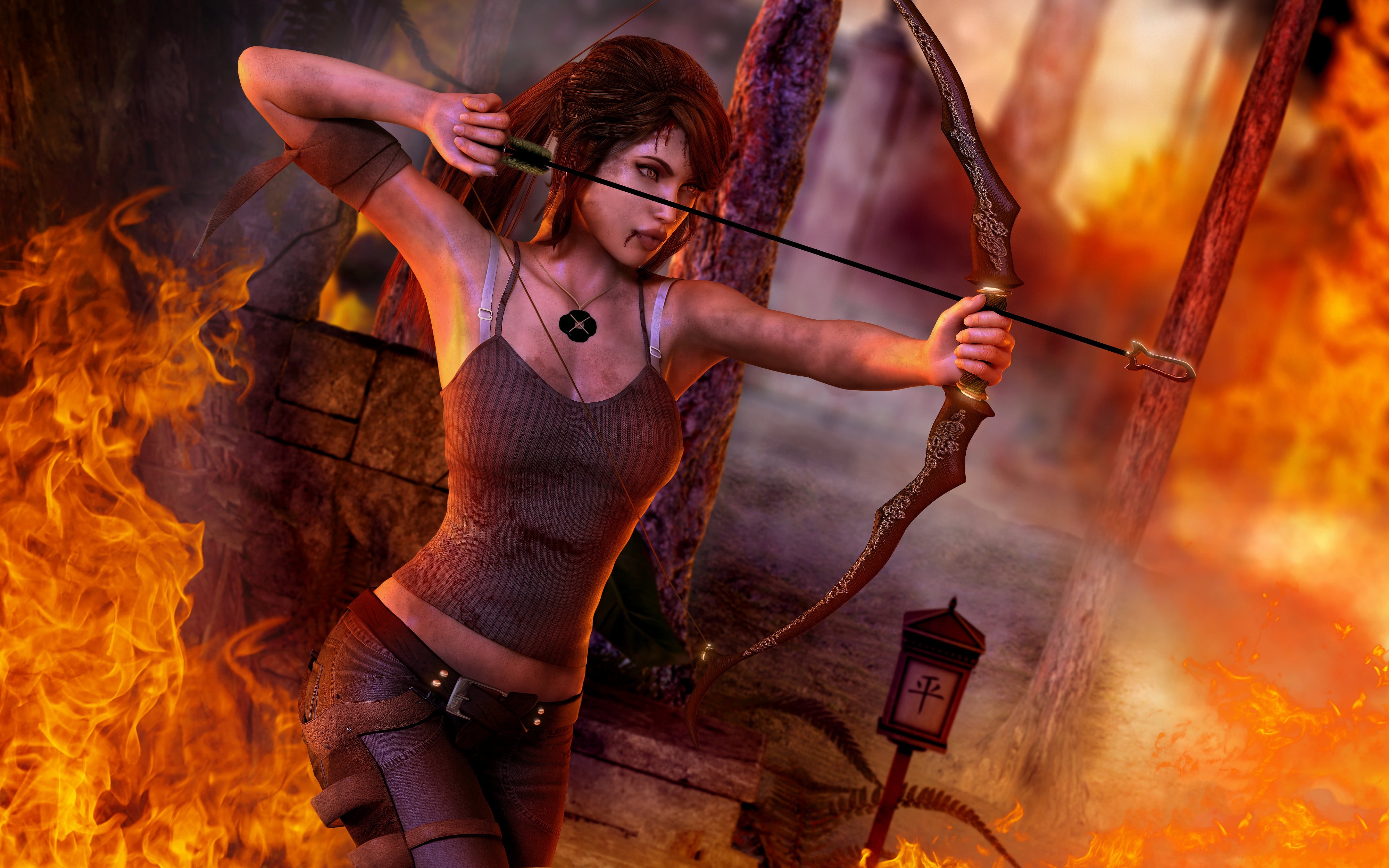 soldier, adult, heat - temperature, young women, bow, blood, raider, front view, rise, thrower, young adult, trinity, fire, women, flame, nature, smoke - physical structure, HD Wallpaper