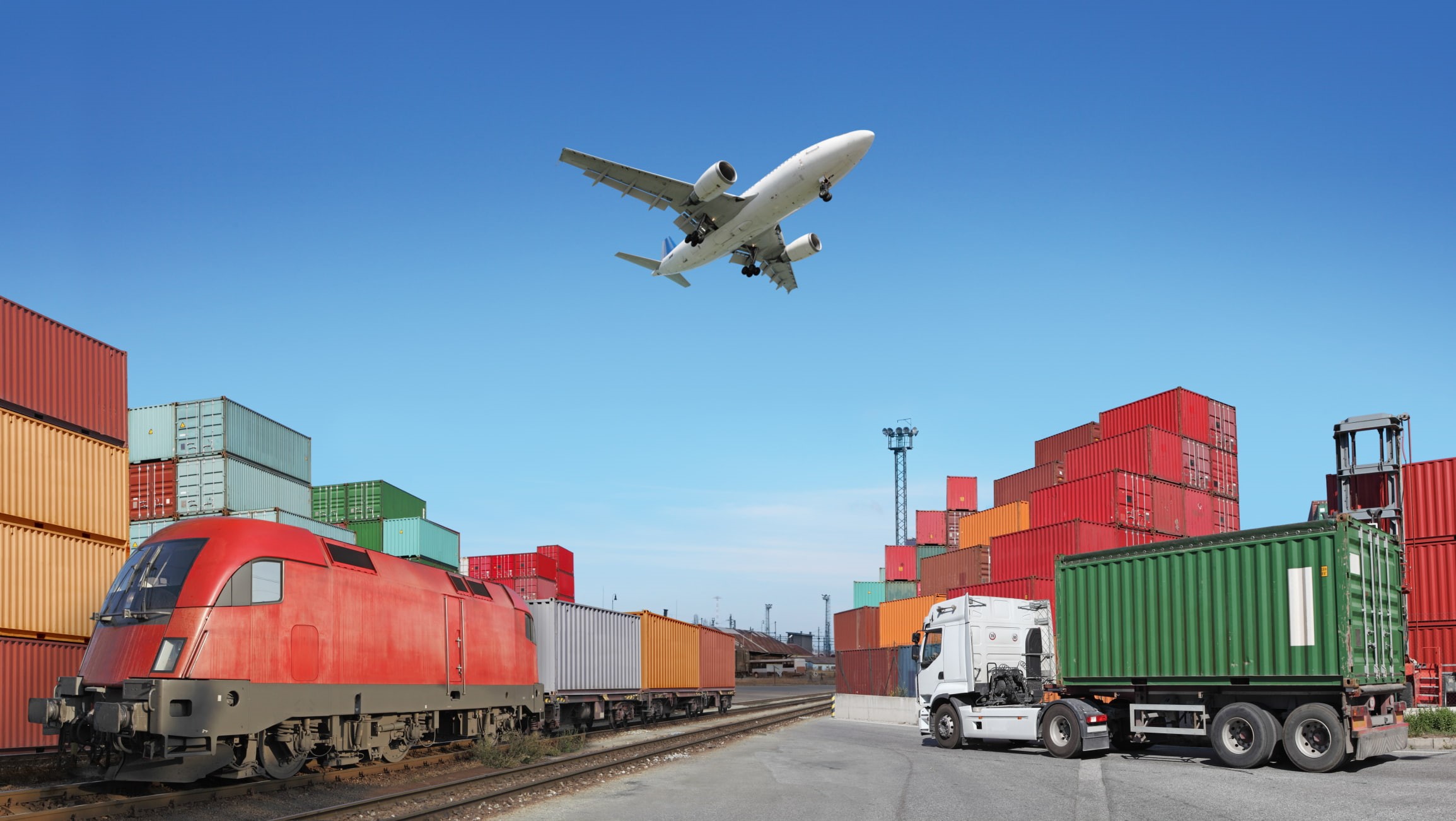 container, blue, containers, train, cargo container, business, sky, railway, Truck, airplane, land vehicle, loading, 1080P, diesel locomotive, industry, HD Wallpaper
