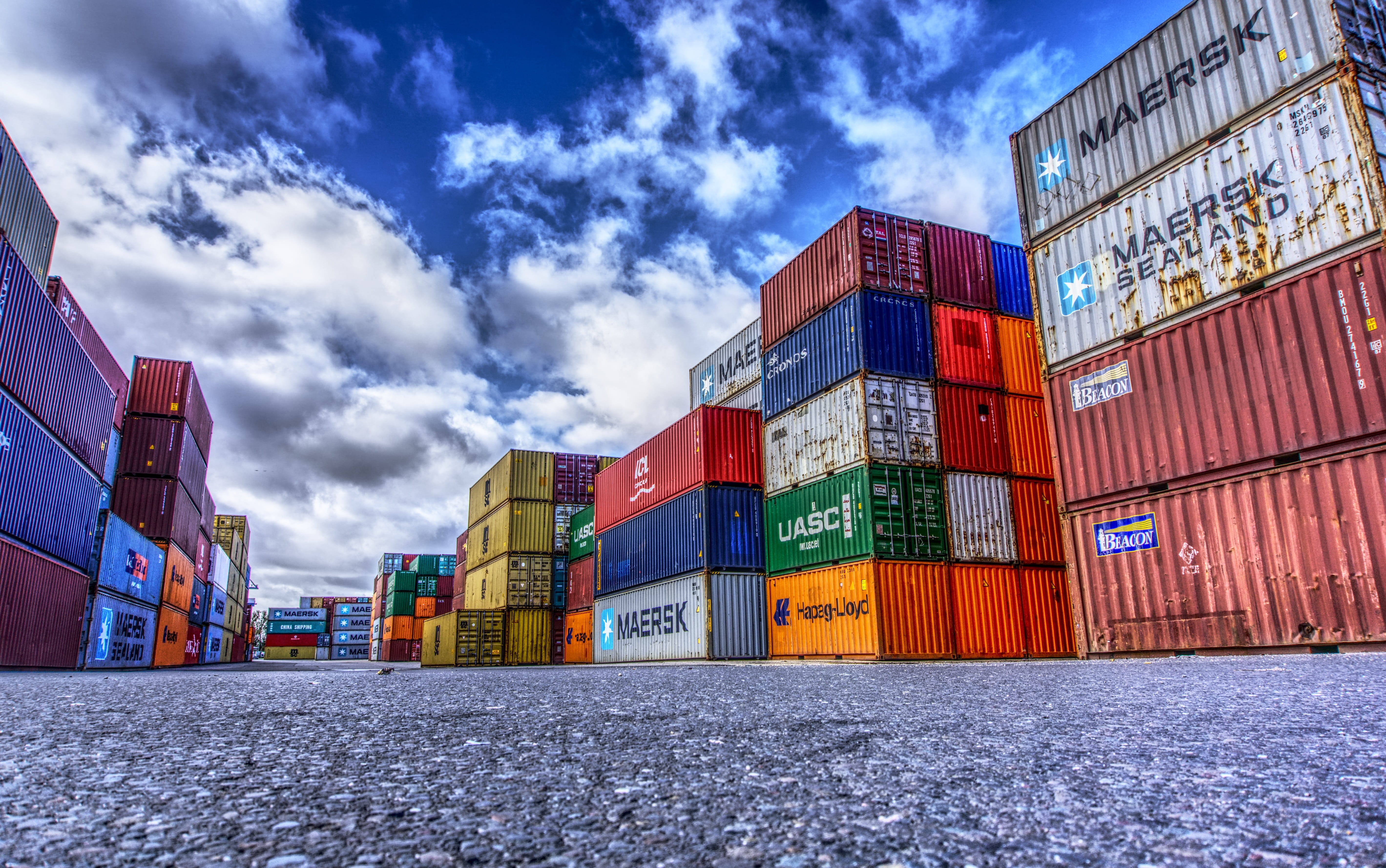 transportation, high dynamic range, contrast, harbor, colorful, clouds, container, building, horizontal, nature, loading, warehouse, architecture, cargo, HD Wallpaper