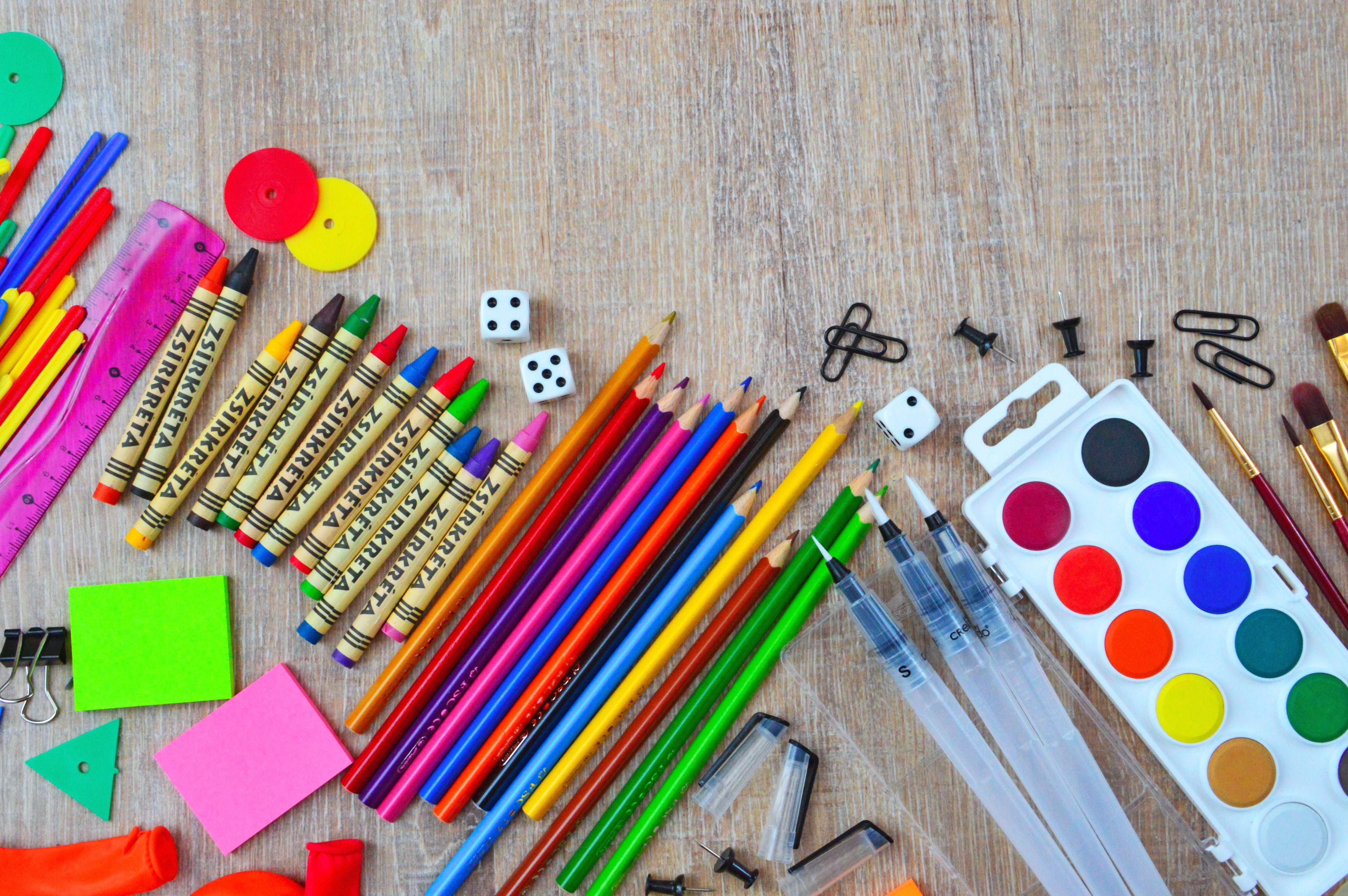 high angle view, school supplies, no people, directly above, paint, academic year, close-up, pencil, colored pencil, plastics, art and craft equipment, HD Wallpaper