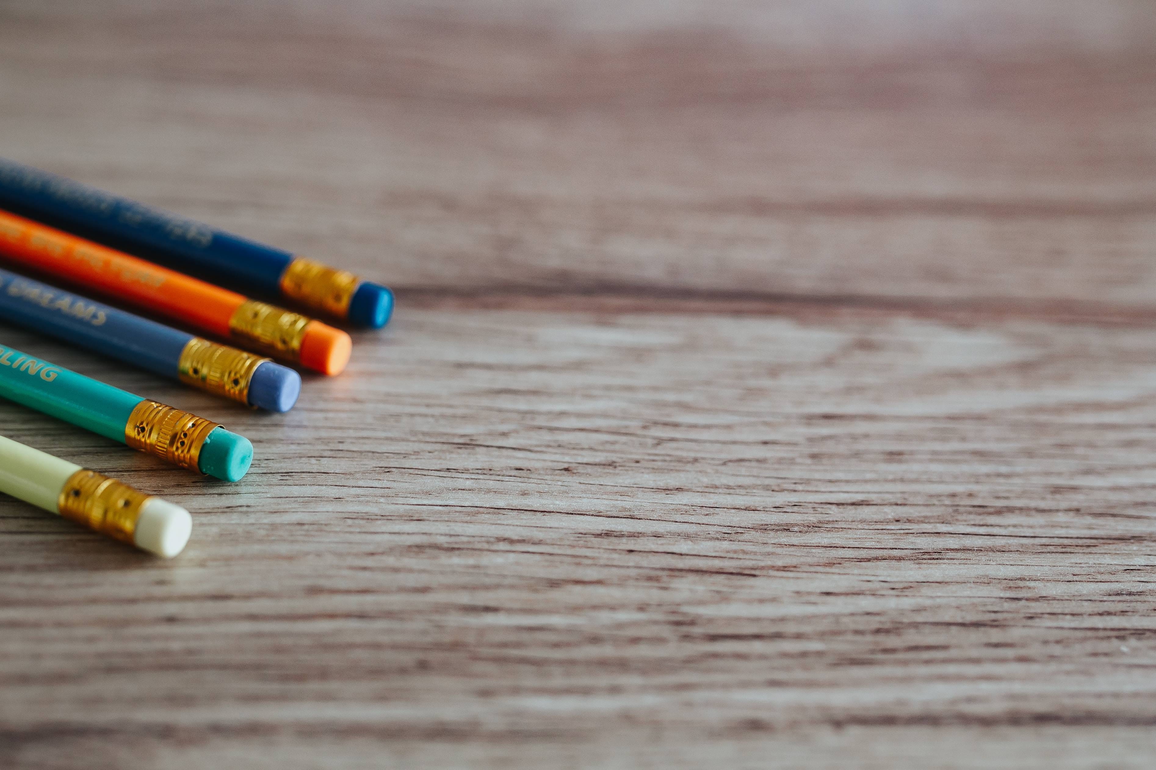 Notebooks, desk, equipment, art and craft, crayon, close-up, blue, pencils, colored pencil, multi Colored, wooden, no people, journal, backgrounds, diary, HD Wallpaper