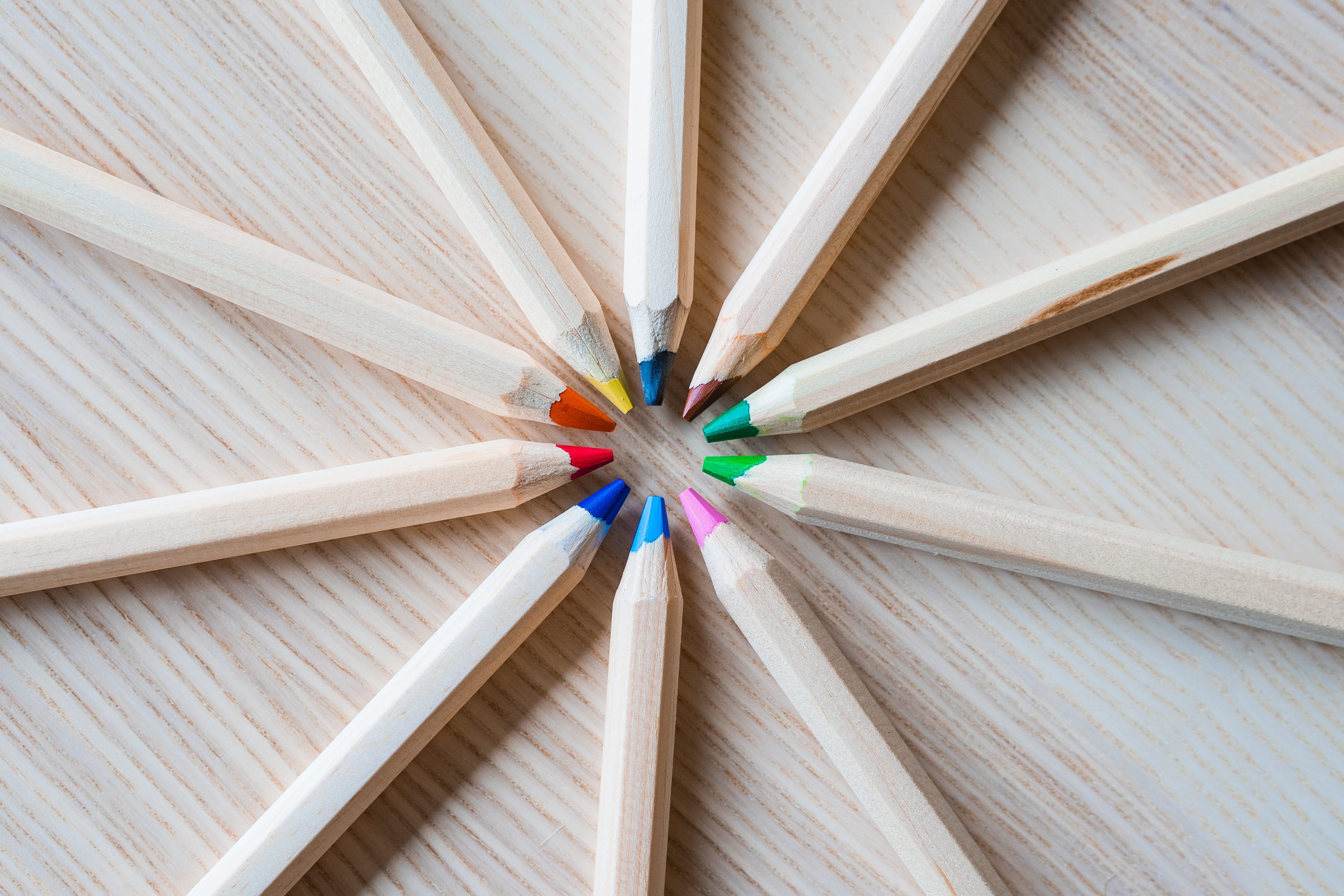 art and craft, colorful, desk, circle, large group of objects, directly above, Kids, colors, minimalistic, wood, choice, no people, drawing, simple, 4K, HD Wallpaper