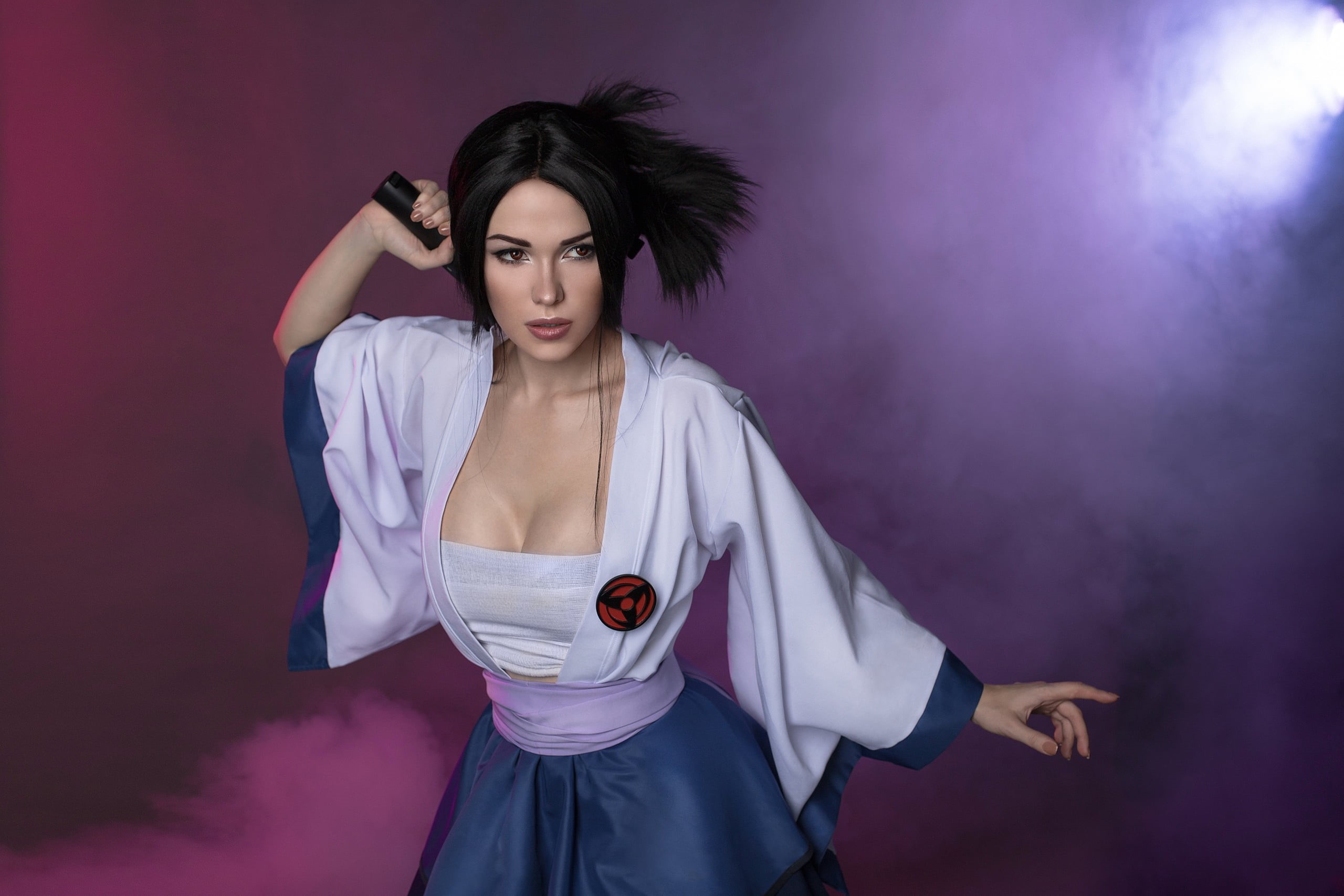 simple background, makeup, black hair, rule 63, Irina Meier, smoke, women, 2K, cosplay, HD Wallpaper