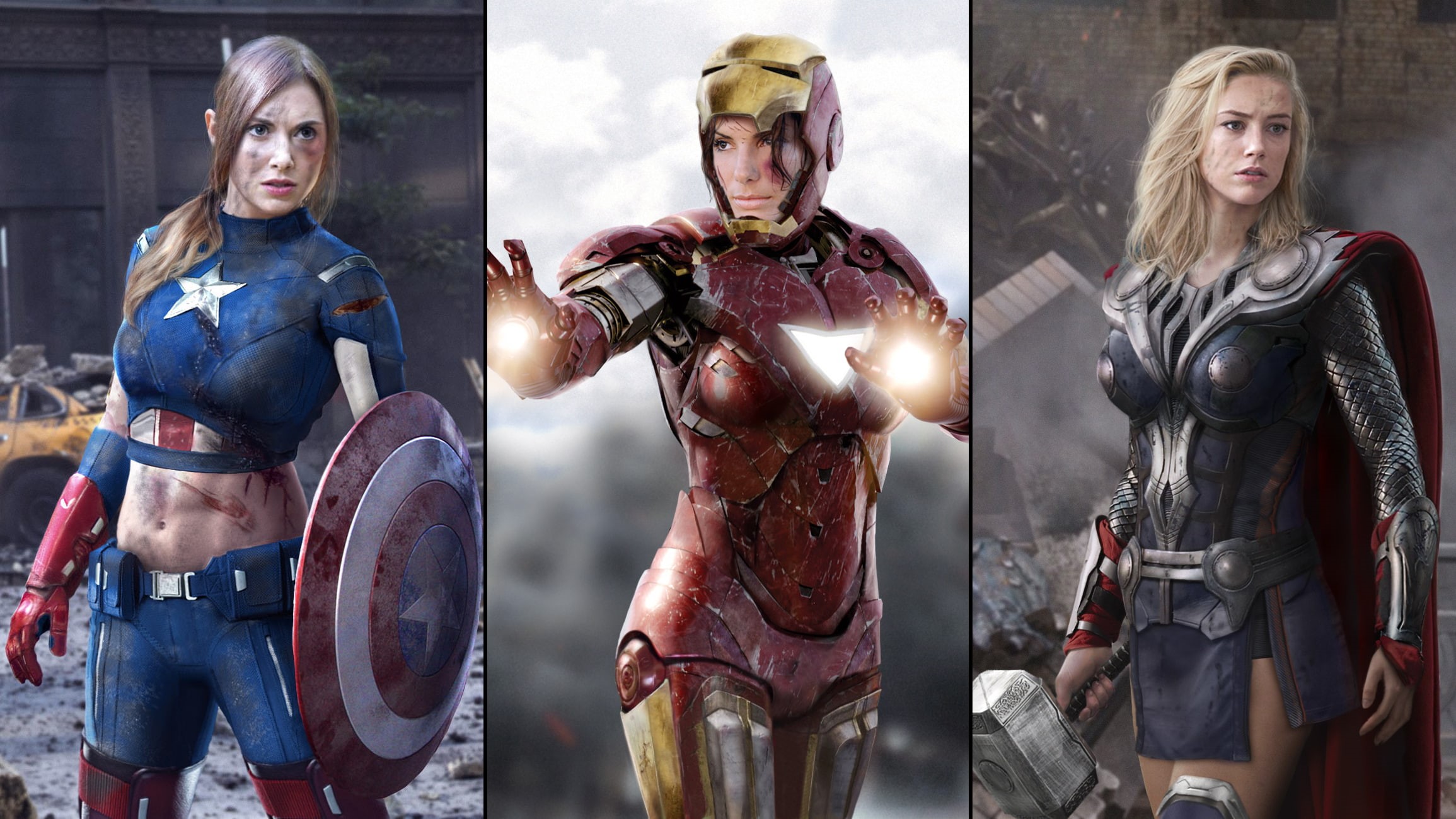 face, Iron Man, Marvel Comics, Amber Heard, Alison Brie, collage, blue eyes, Thor, women, Sandra Bullock, fantasy girl, blonde, The Avengers, rule 63, 1080P, HD Wallpaper