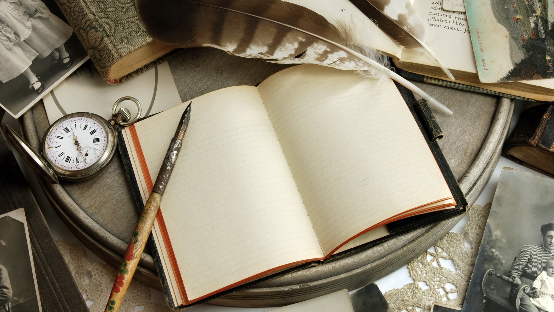 desk, ruled, high angle view, sheet, studying, page, clock, document, publication, pens, the past, still life, old-fashioned, education, writing, notebook, HD Wallpaper