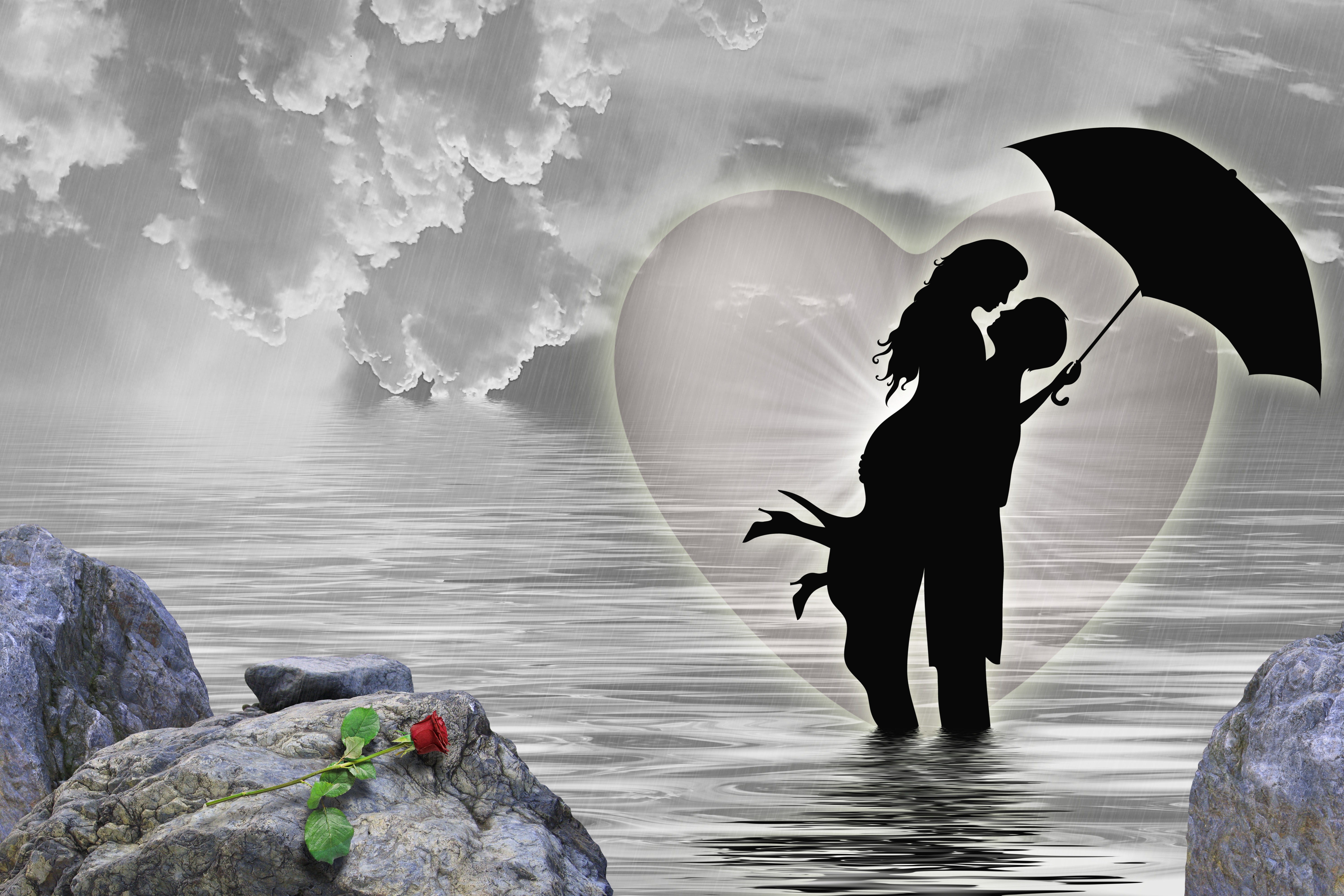 silhouette, nature, people, love, water, 5K, full length, men, outdoors, cloud - sky, leisure activity, feelings, standing, two people, sky, solid, day, HD Wallpaper