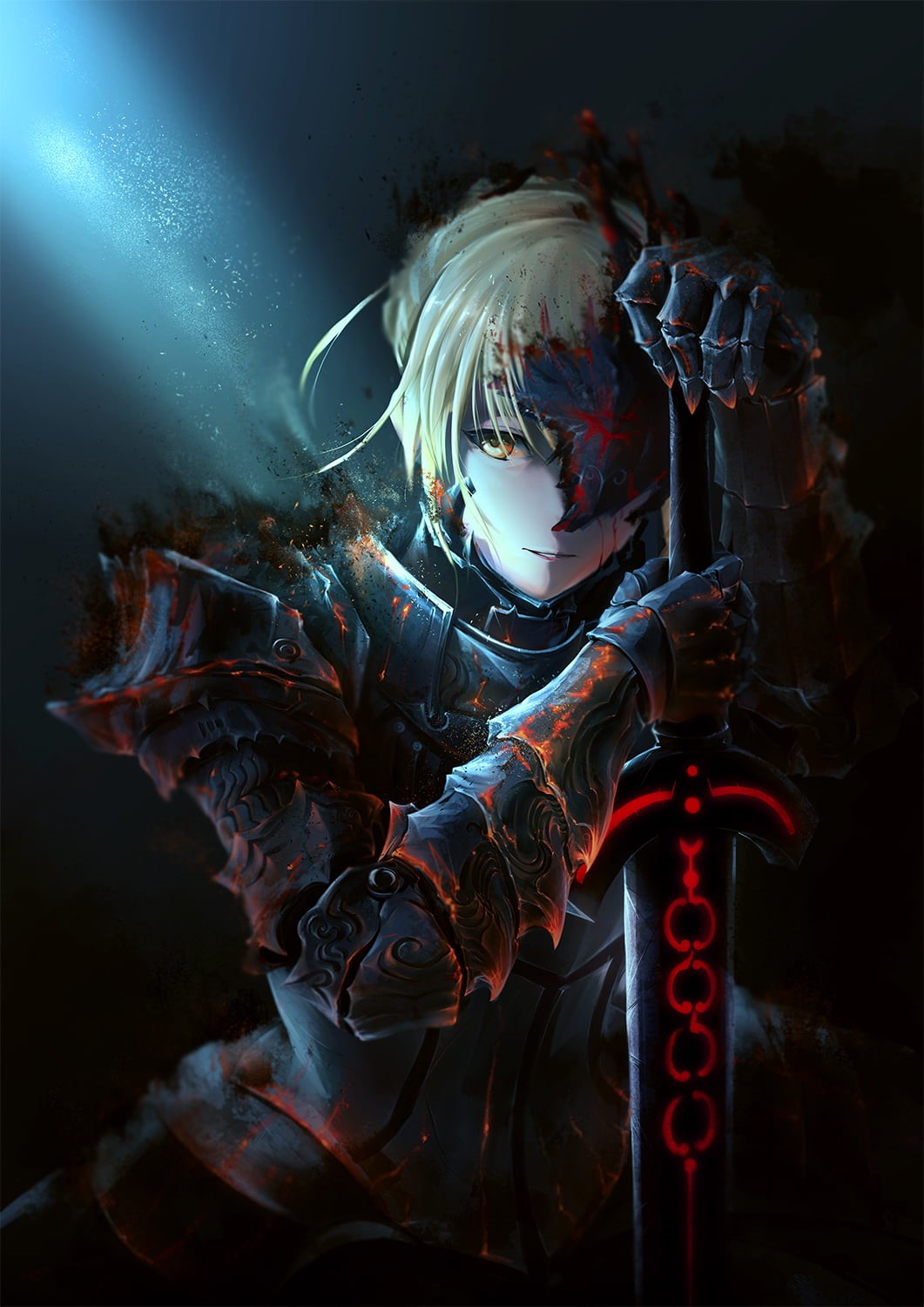 Fate Series, 2D, long hair, Arturia Pendragon, Fate/Stay Night, looking at viewer, armor, blond hair, blood, Saber Alter, anime girls, FGO, smiling, female warrior, Phone HD Wallpaper