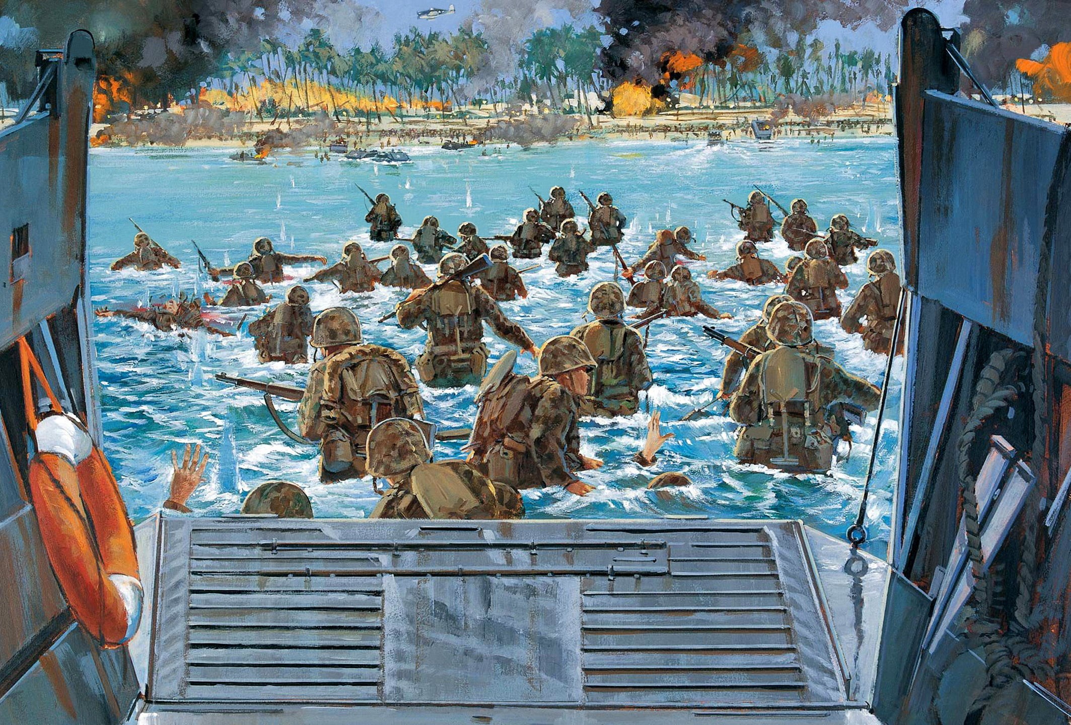Marines, artist, canvas, theatre, animal wildlife, soldiers, animals in the wild, built structure, the, the battle, Atoll, victory, 1943., animal themes, HD Wallpaper