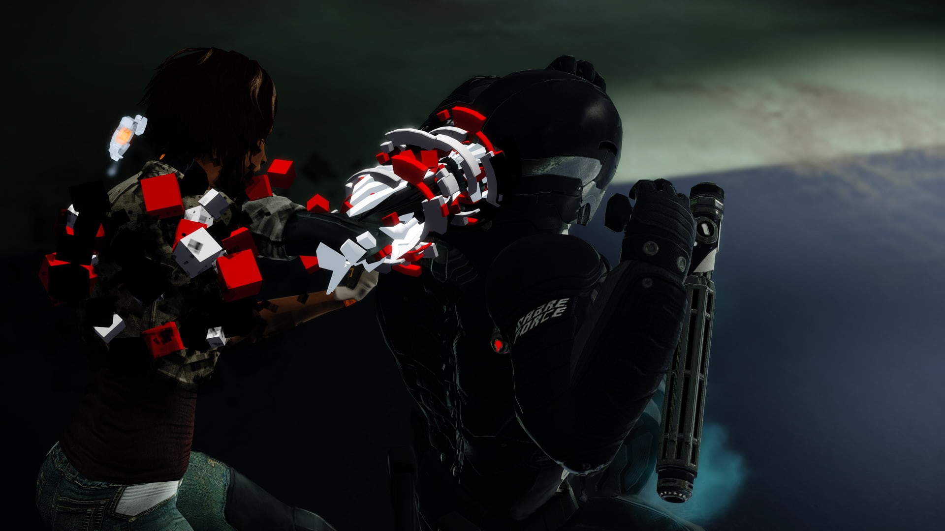black background, standing, Remember Me, holding, indoors, cooperation, waist up, helmet, occupation, illuminated, arts culture and entertainment, rear view, HD Wallpaper