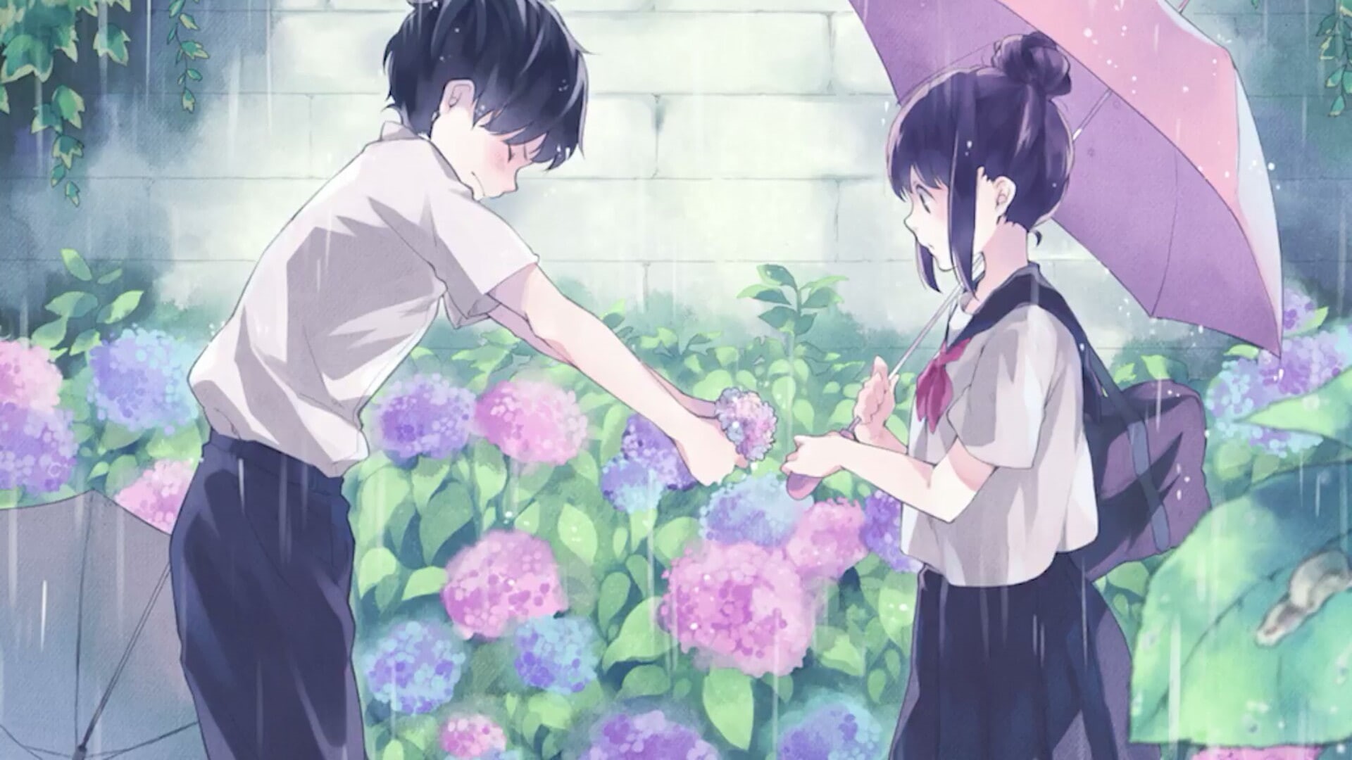 retro, give, anime, cute, 1080P, flower, confess, umbrella, illustration, anime art, HD Wallpaper