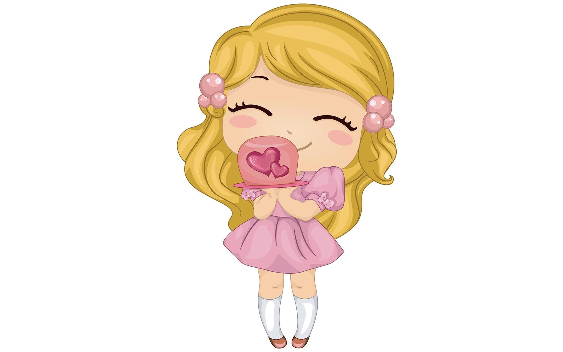 girl, love, 3d and abstract, giving, cartoon, 1080P, cute, cake, HD Wallpaper