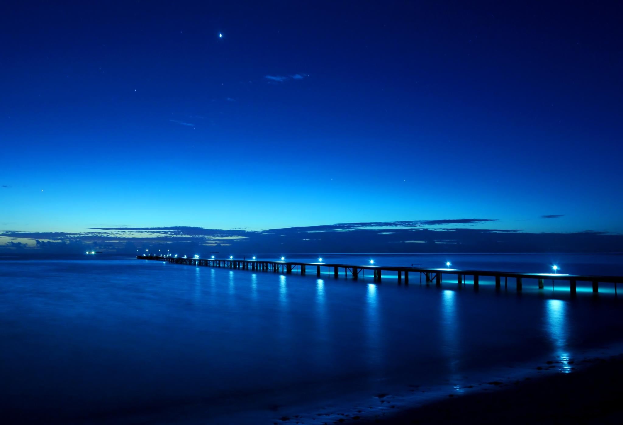 water, jetty, sunset, sky, sea, calm, bridge, island, way, night, never give up, blue sky, dusk, 1080P, blue, maldives, path, HD Wallpaper