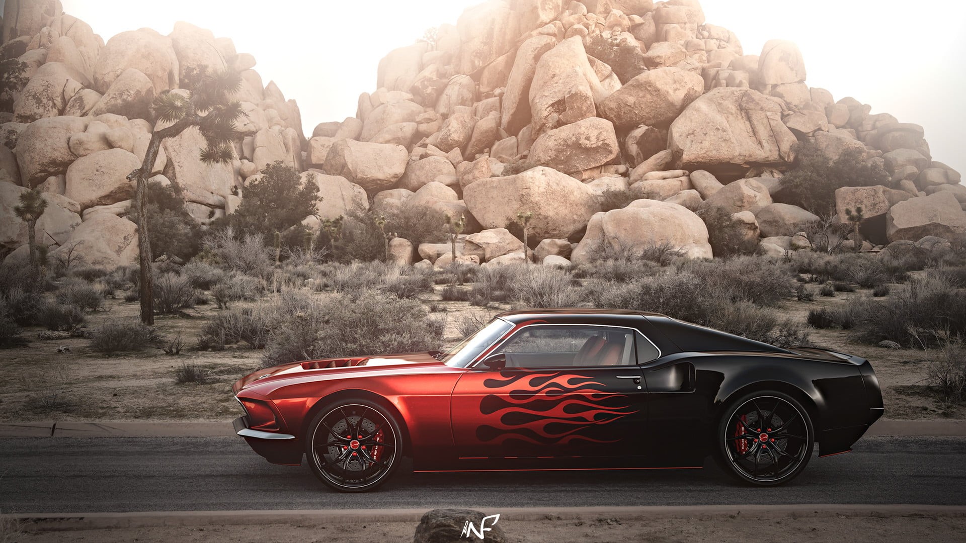 street, nature, no people, rock, plant, coupe, red, mode of transportation, built structure, retro styled, day, rocks, Ford Mustang, black, car, cast, tree, HD Wallpaper