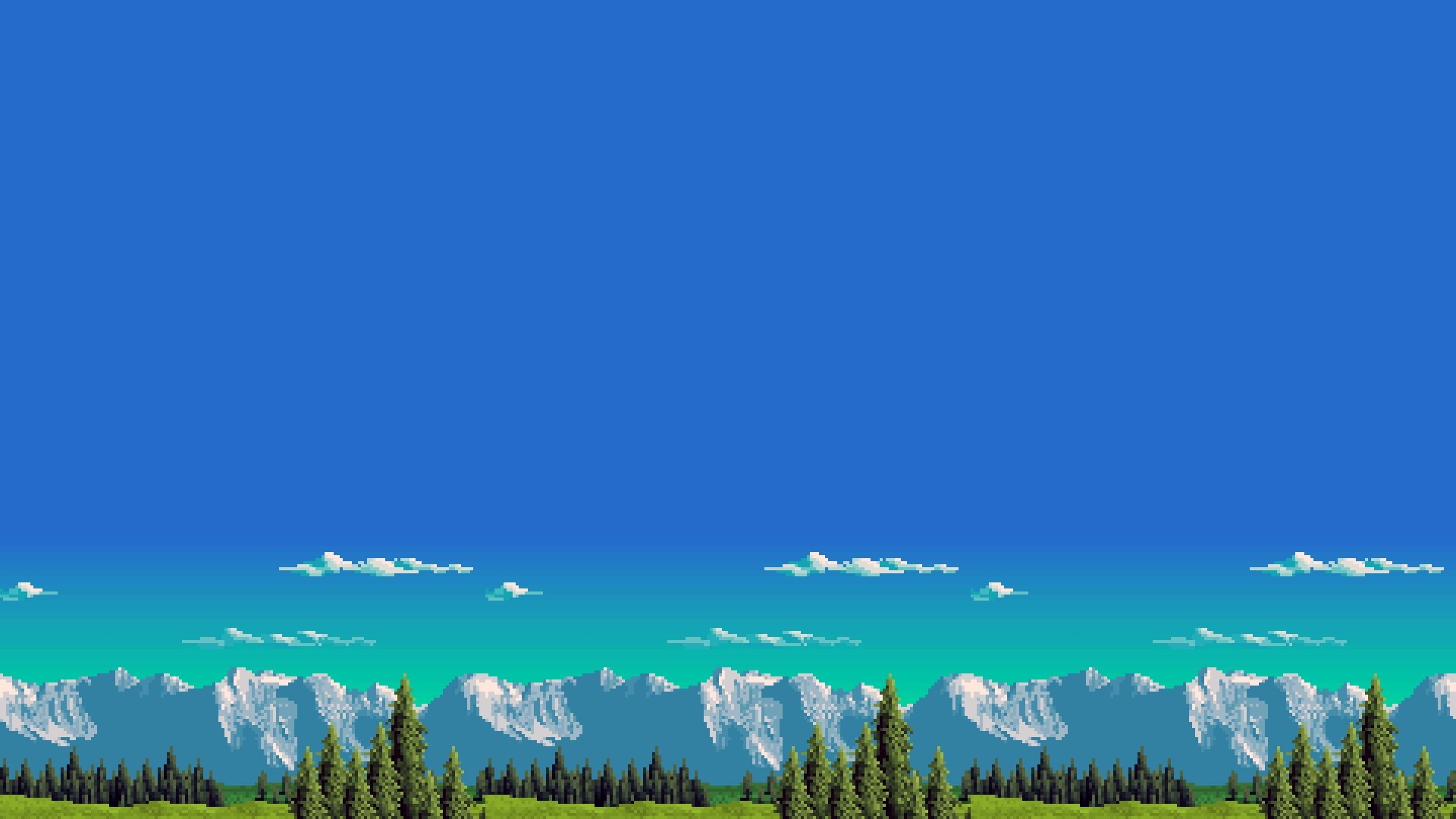 field, environment, tree, clear sky, 8-bit, low angle view, plant, no people, tranquility, mountain, retro games, pine, 1080P, blue, copy space, tranquil scene, HD Wallpaper