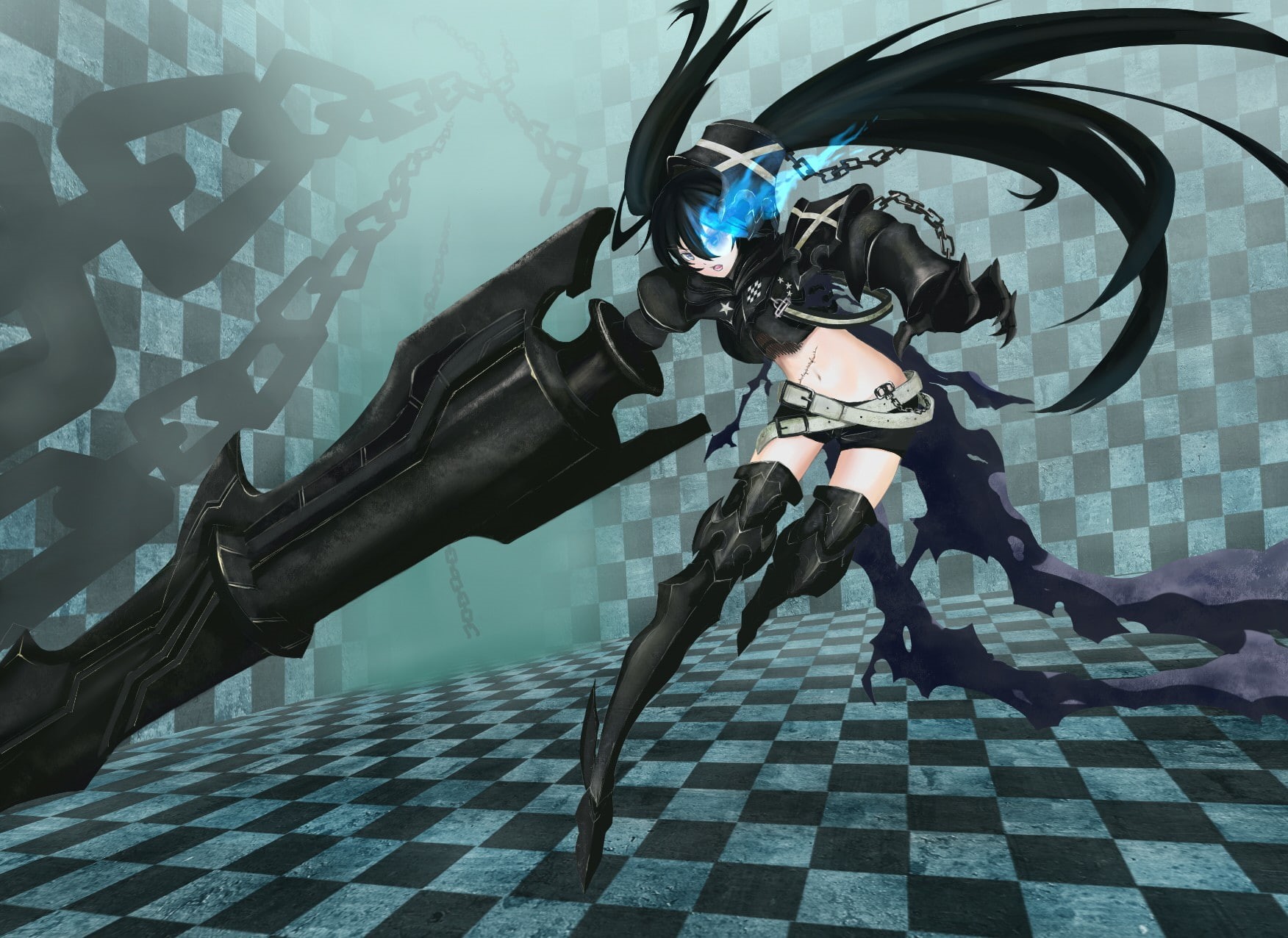 women, full length, tiled floor, young adult, 720P, anime, lifestyles, black color, underwater, representation, skill, tile, indoors, Black Rock Shooter, HD Wallpaper