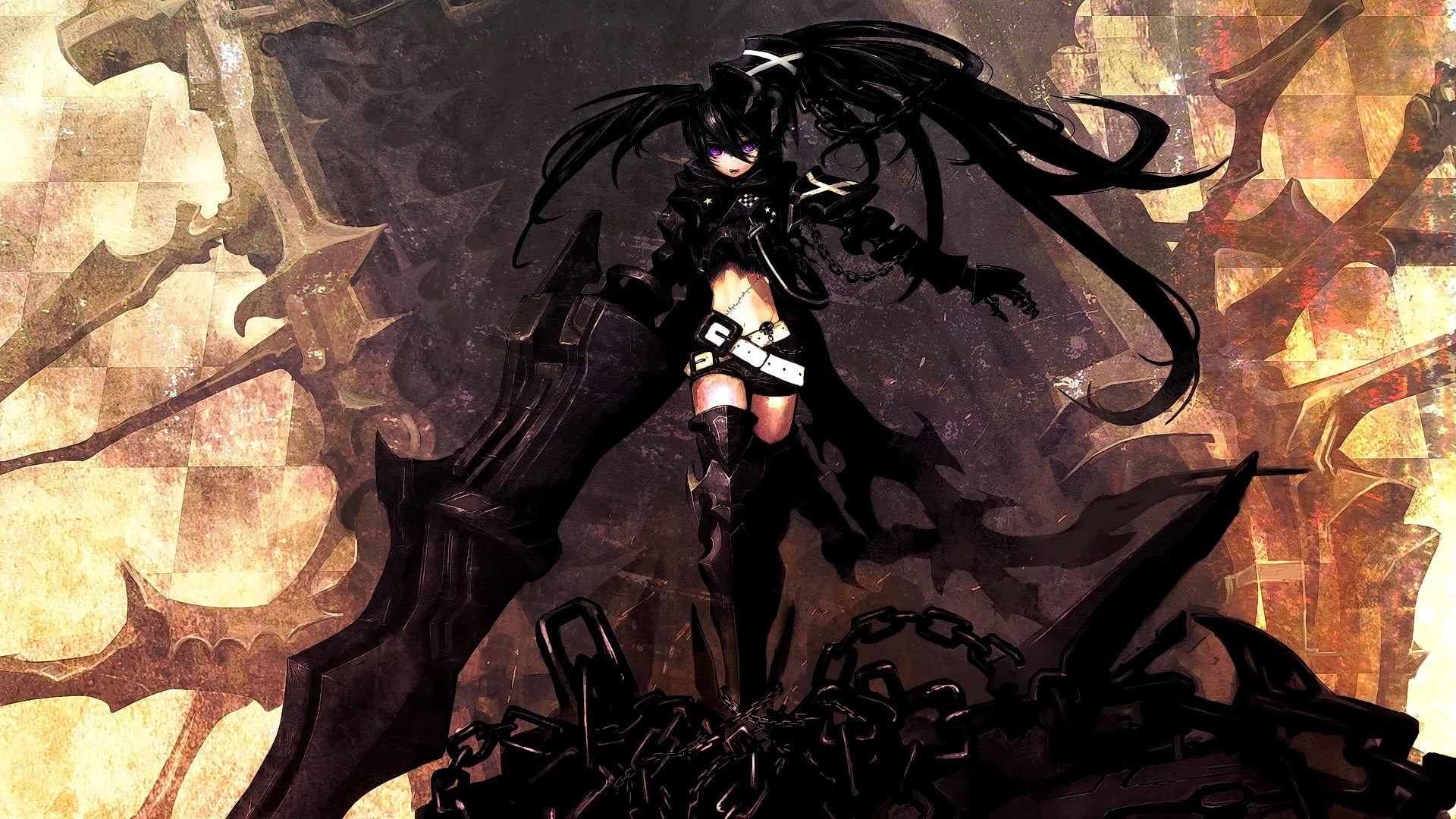 Insane Black Rock Shooter, looking at viewer, Black Rock Shooter, anime, long hair, brunette, anime girls, 1080P, HD Wallpaper