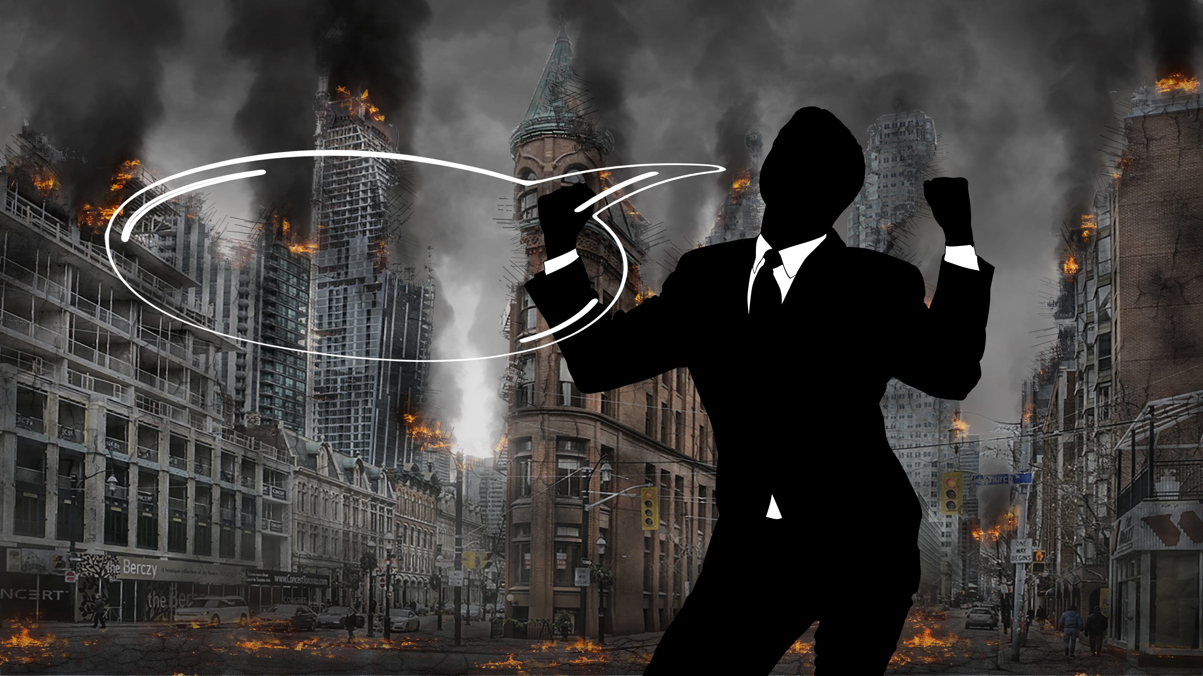 building, building exterior, setting, hybris, stupidity, smoke - physical structure, one person, high spirits, business, men, suit, joy, flames, smoke, HD Wallpaper