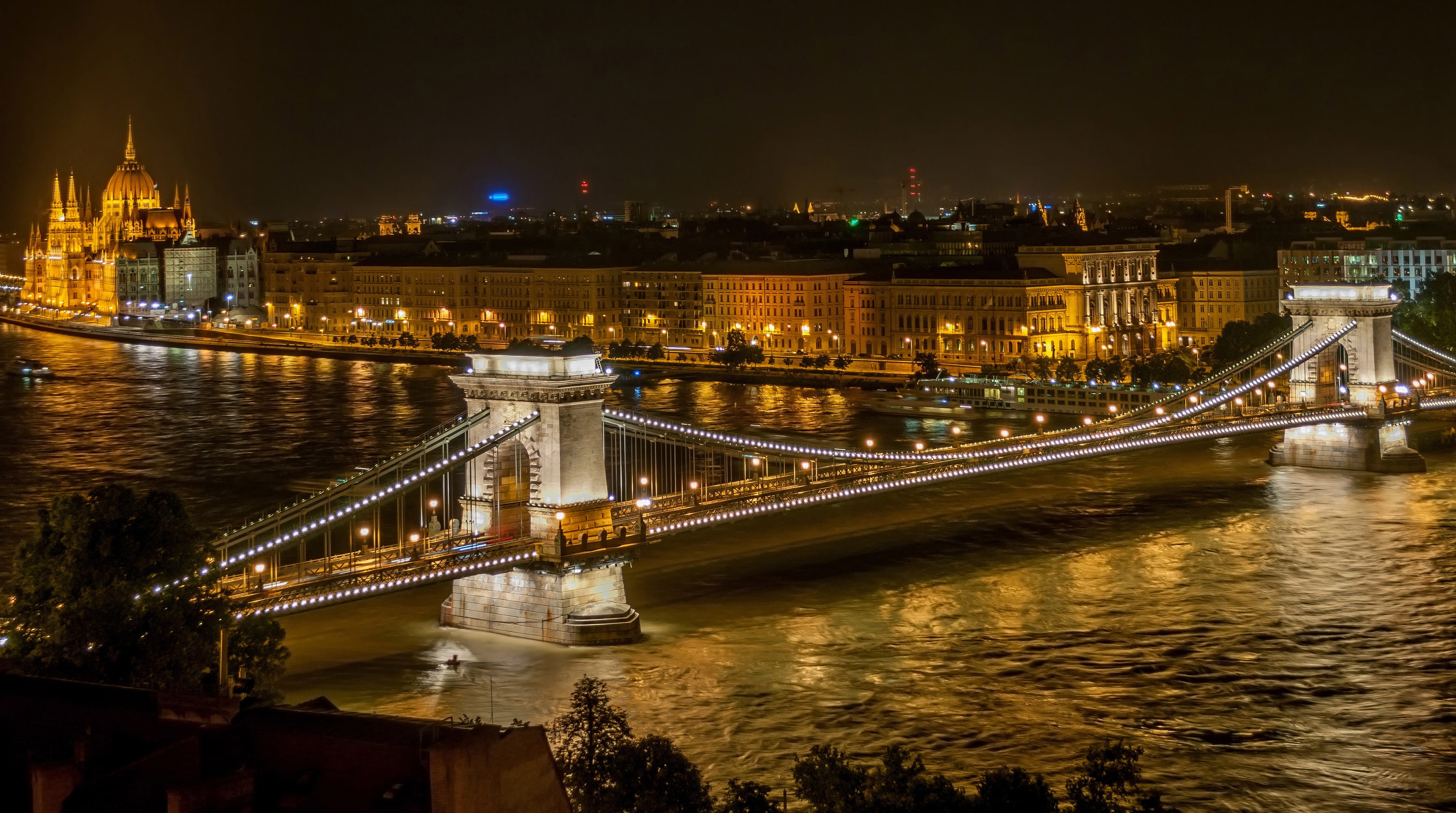 city, thames River, Grand view, history, illuminated, chain, river, urban Scene, Hungary, Budapest, engineering, transportation, famous Place, bridge - Man Made Structure, HD Wallpaper