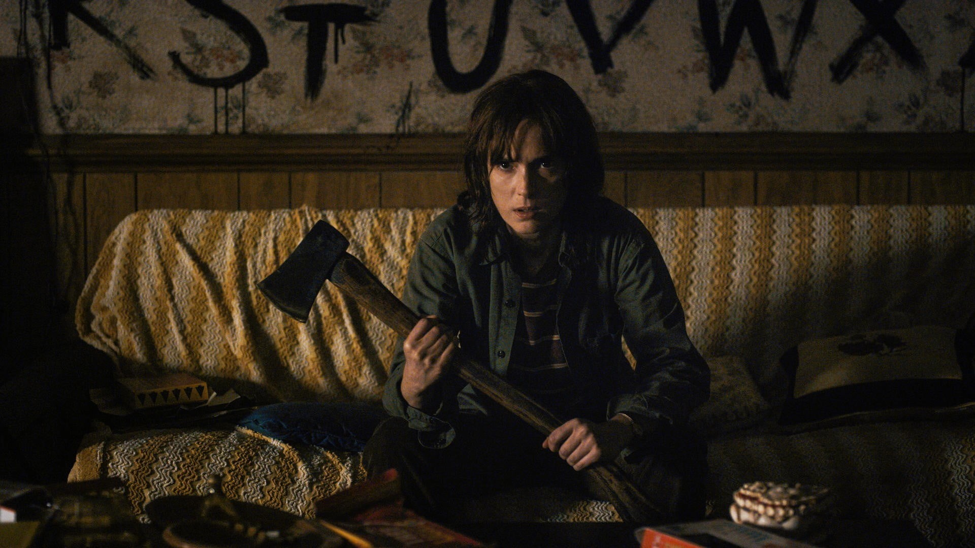 Winona Ryder, casual clothing, men, hairstyle, Netflix, looking, indoors, looking down, social issues, sitting, furniture, 1080P, s, black, young adult, HD Wallpaper