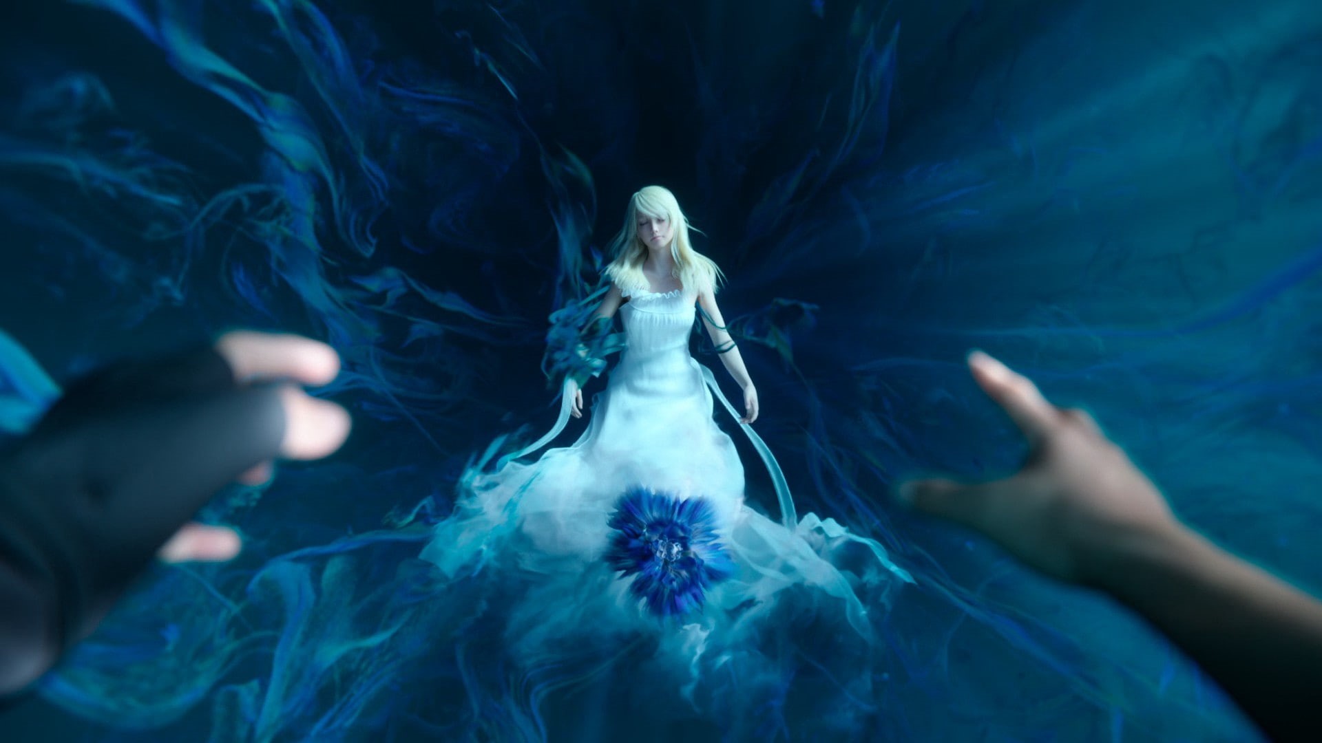 1080P, Final Fantasy, Noctis, depth of field, Final Fantasy XV, blue flowers, Luna (Final Fantasy XV), HD Wallpaper