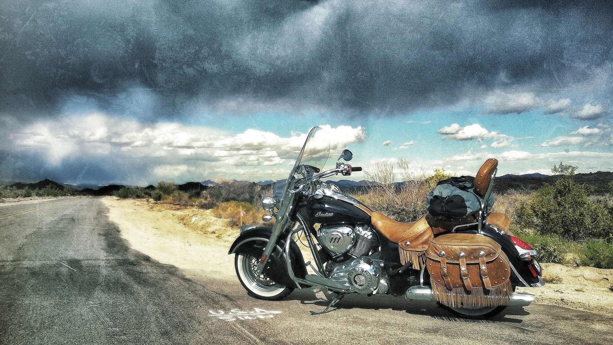1080P, bike, land, black, brown, mode of transportation, Indian Chief, dirt, style, landscape, motorcycle, crash helmet, travel, sky, direction, gray, HD Wallpaper