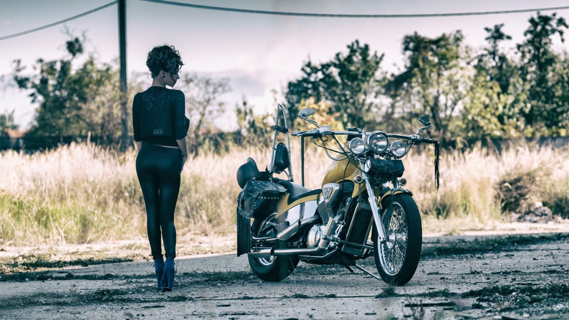 outdoors, tree, women outdoors, freedom, motorcycle, black clothing, bicycle, women, chopper, nature, plant, rear view, Harley Davidson, land vehicle, mode of transportation, HD Wallpaper