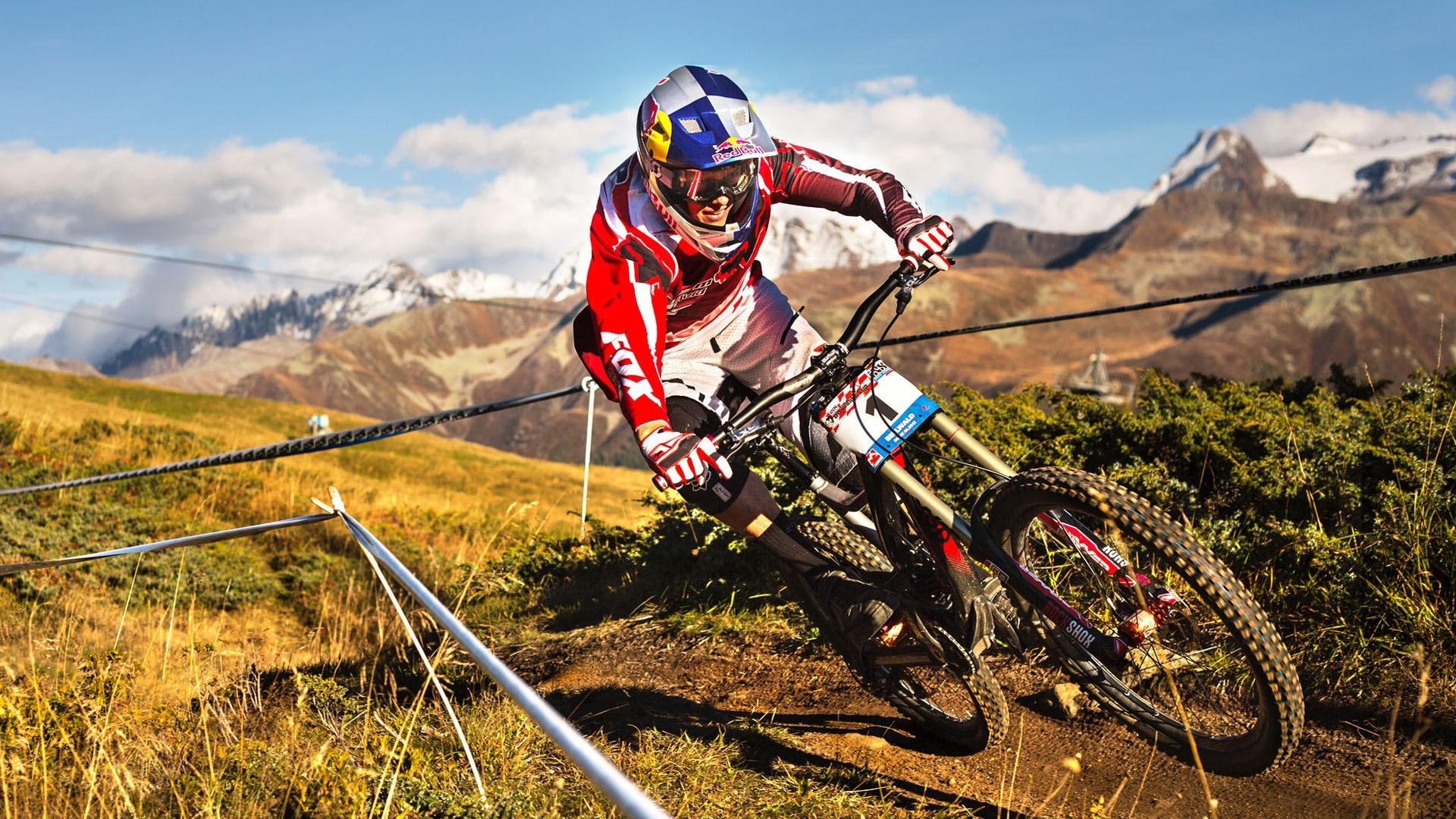 black, downhill, hd, bike, 1920x1080, cylcing, mountain, red, hardtail, 1080P, HD Wallpaper