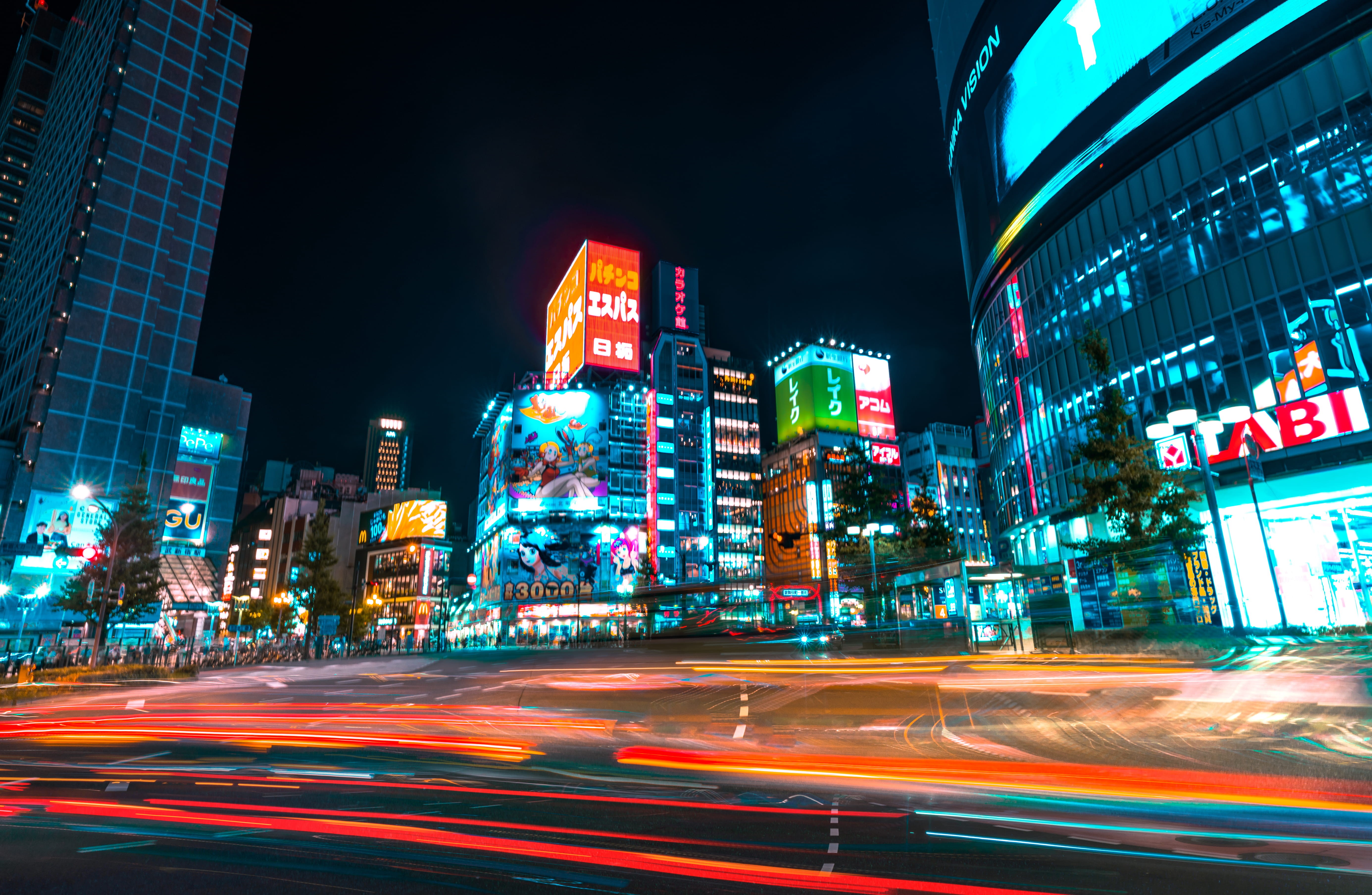 city street, transportation, intersection, speed, 5K, motion, road, office building exterior, architecture, shinjuku, light trail, movement, time, city life, HD Wallpaper