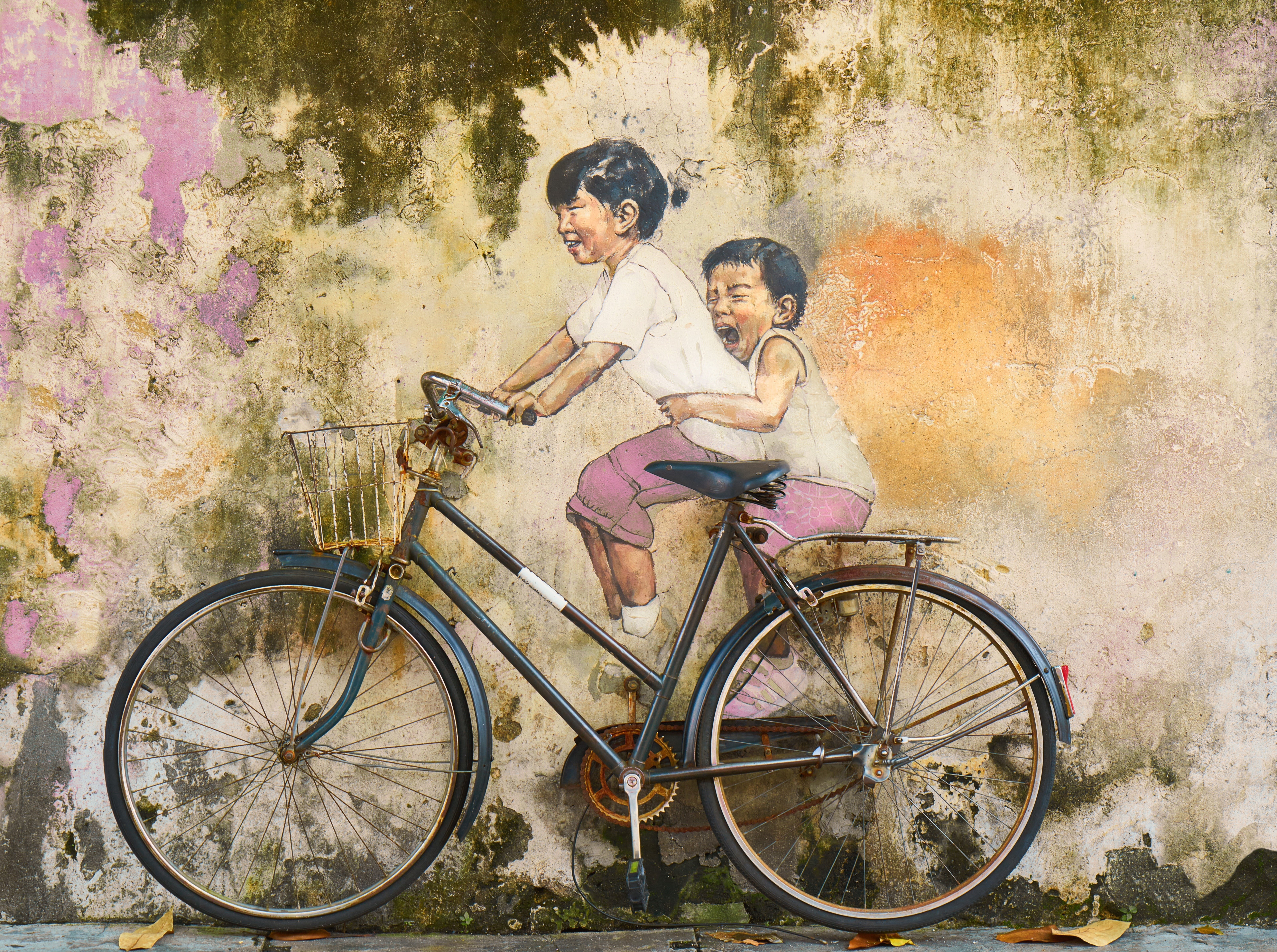 Public, art, women, Riding, streetart, Artistic, Retro, girls, 5K, Wall, females, casual clothing, mode of transportation, Drawing, innocence, Vintage, HD Wallpaper