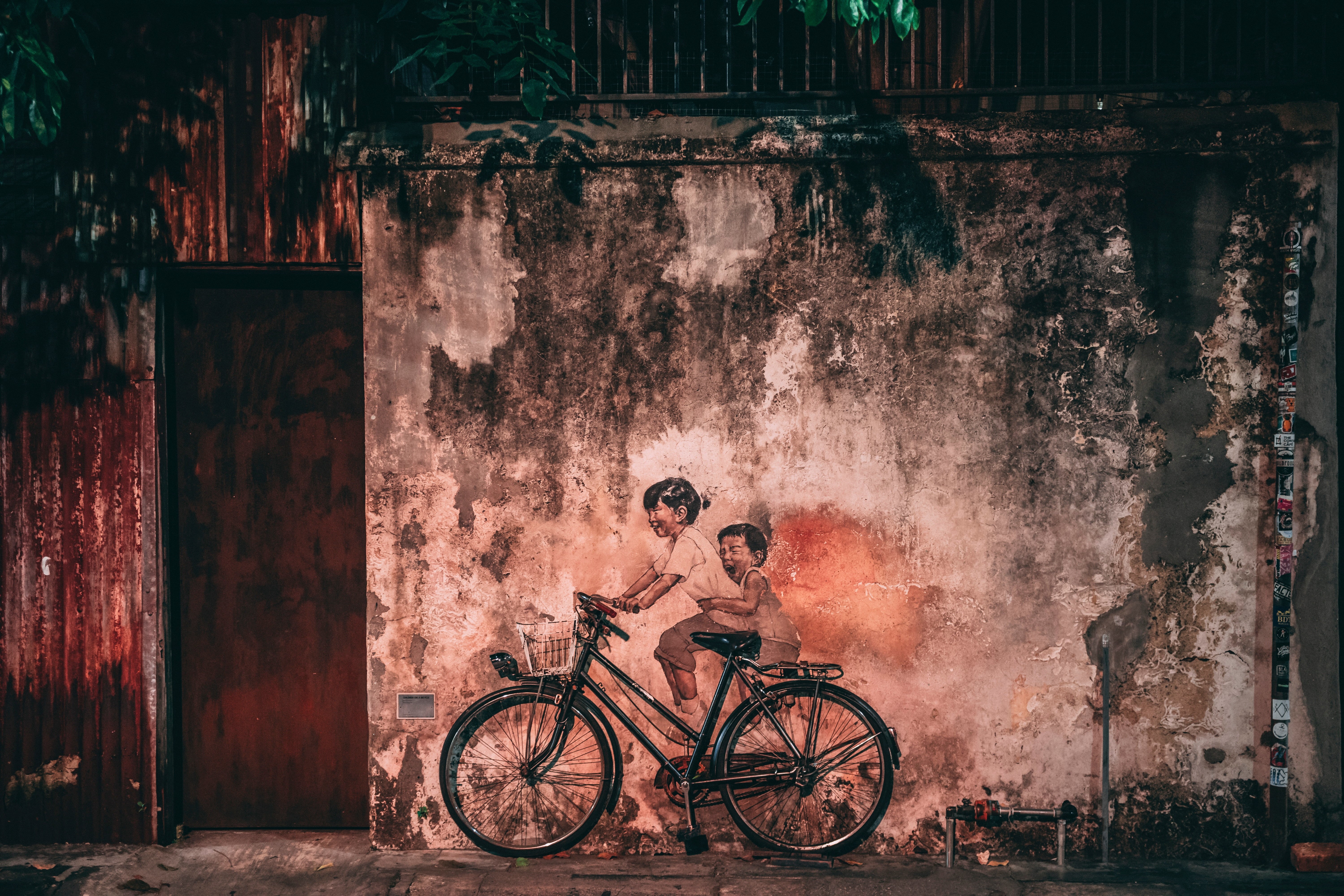 old, building exterior, land vehicle, wall, urban Scene, 5K, street, dirty, bicycle, damaged, children, cycling, adult, architecture, no people, backgrounds, HD Wallpaper