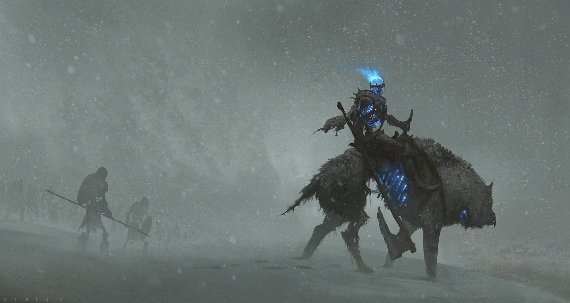 outdoors, knight, animal, snow, man, two people, fantasy art, men, full length, winter, snowing, 1080P, transportation, motion, adult, nature, HD Wallpaper