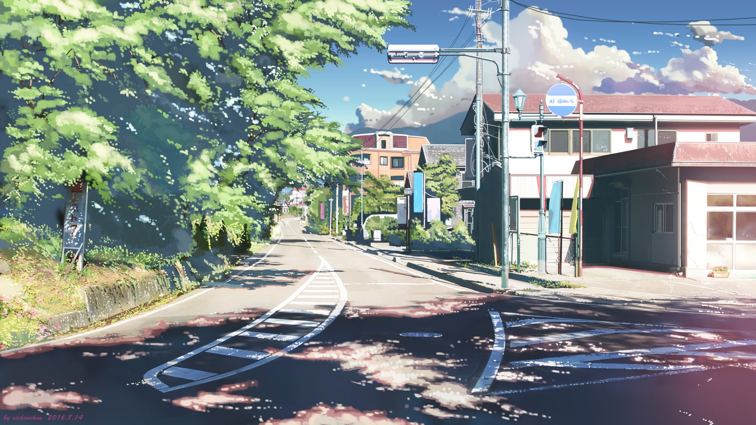 scenic, buildings, anime landscape, 1080P, clouds, trees, Anime, road, sunshine, HD Wallpaper
