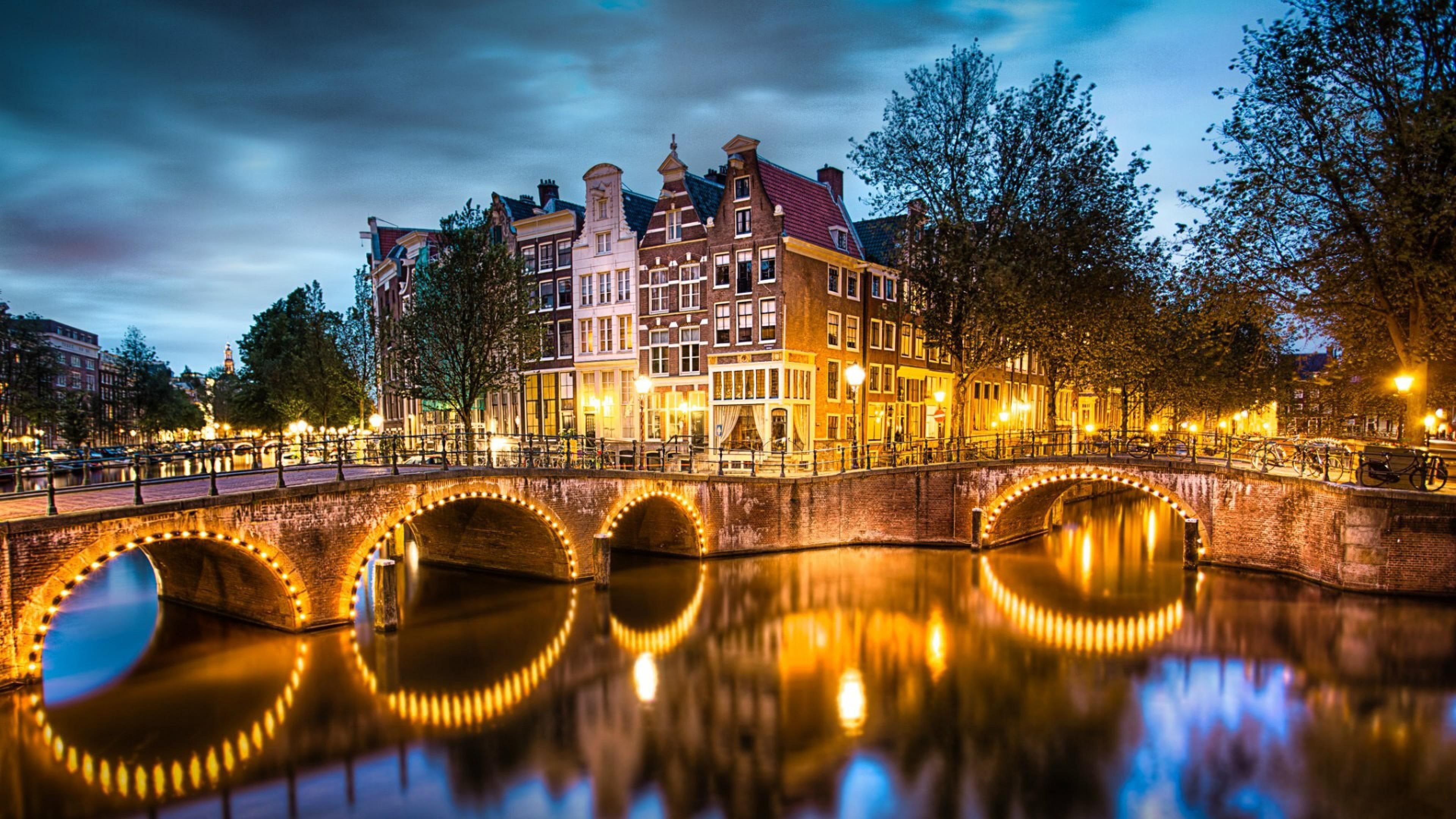 europe, evening, city lights, keizersgracht, street, 4K, netherlands, canal, cityscape, bridge, buildings, amsterdam, houses, HD Wallpaper