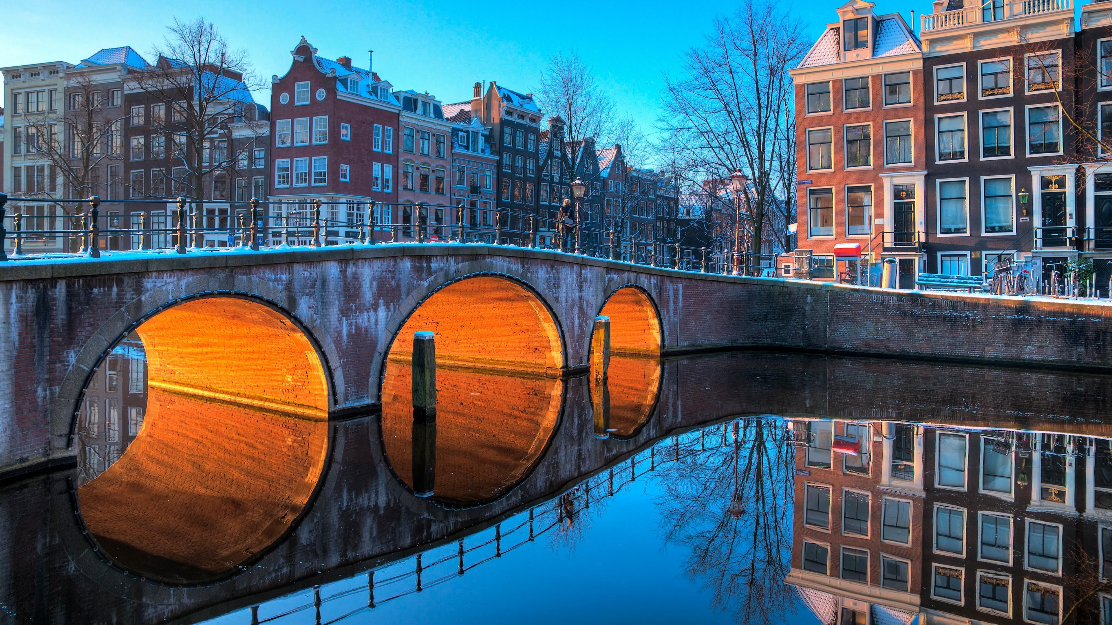 amsterdam, europe, bridge, eu, buildings, 4K, city, winter, netherlands, snow, canal, HD Wallpaper
