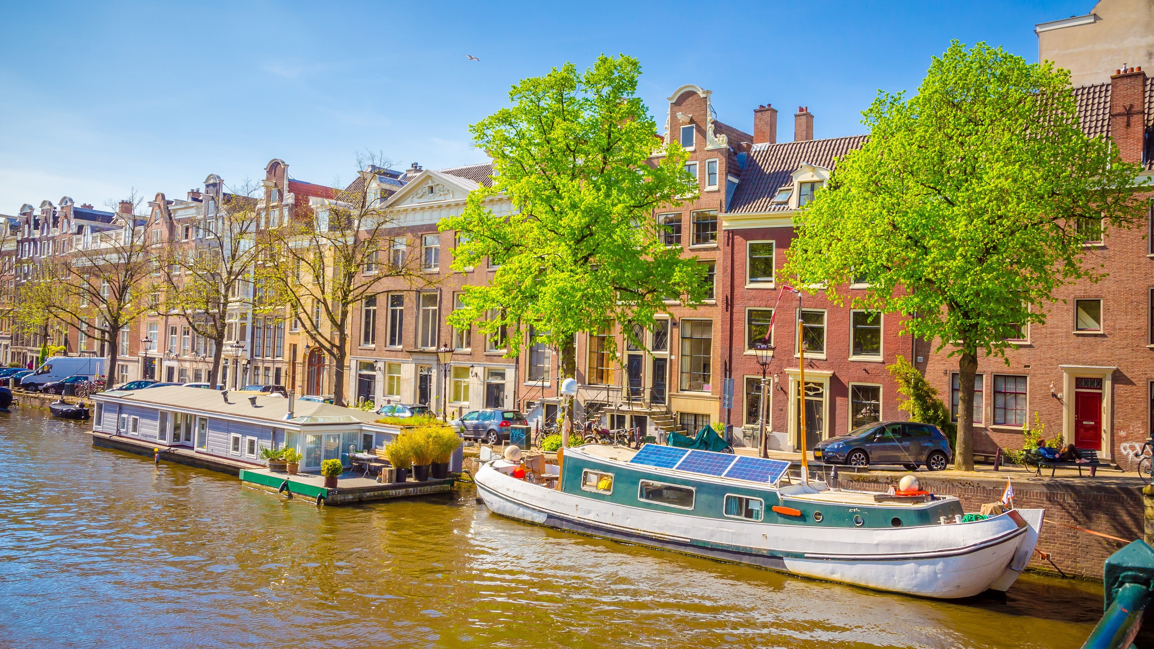 boat, neighbourhood, waterway, houseboat, canal, water, europe, sky, 4K, city, tree, floating house, amsterdam, HD Wallpaper