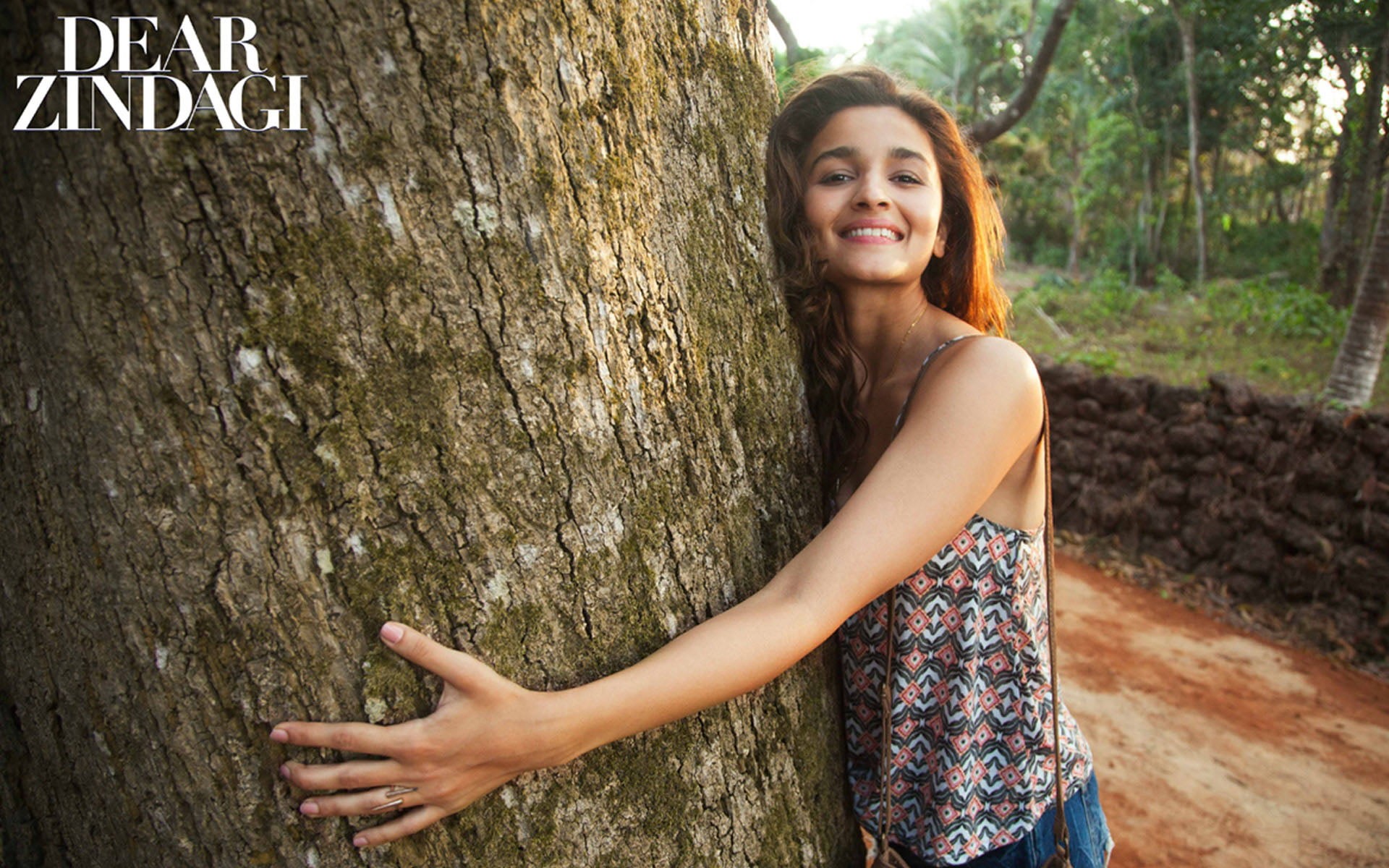 Female Celebrities, 1080P, casual clothing, overlay, still, adult, red, tree trunk, text, fashion, real people, alia bhatt, happiness, hairstyle, tree, HD Wallpaper