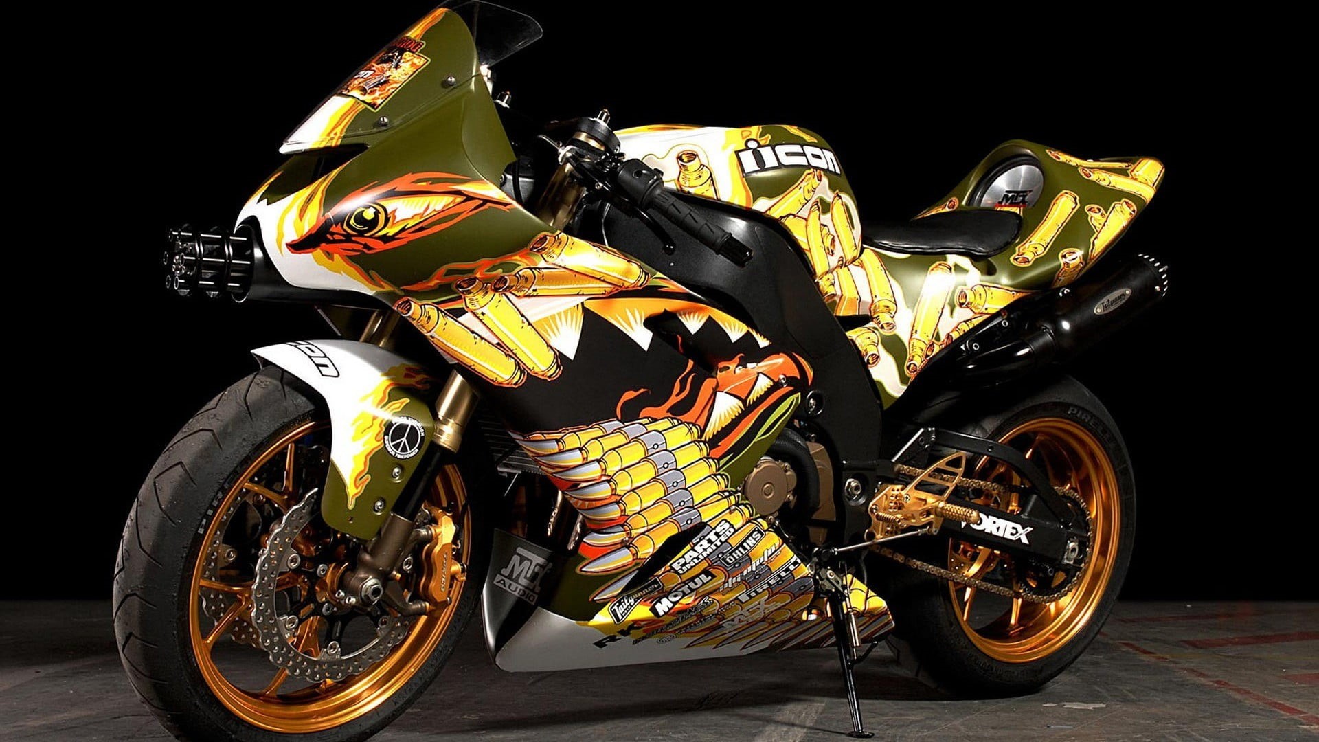 motorcycle, green, speed, yellow, land vehicle, scooter, Kawasaki, stationary, night, crash helmet, helmet, gun, bike, motorsport, studio shot, mode of transportation, HD Wallpaper