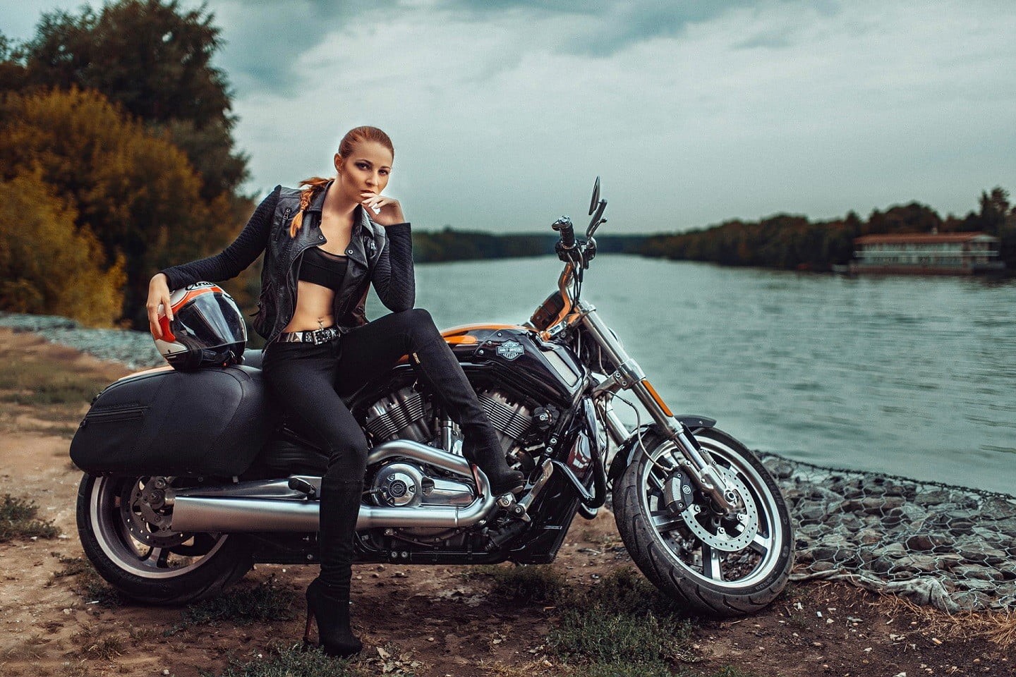 leisure activity, lifestyles, fashion, vehicle, leather, beautiful woman, outdoors, biker, sitting, water, river, women, casual clothing, one person, nature, HD Wallpaper