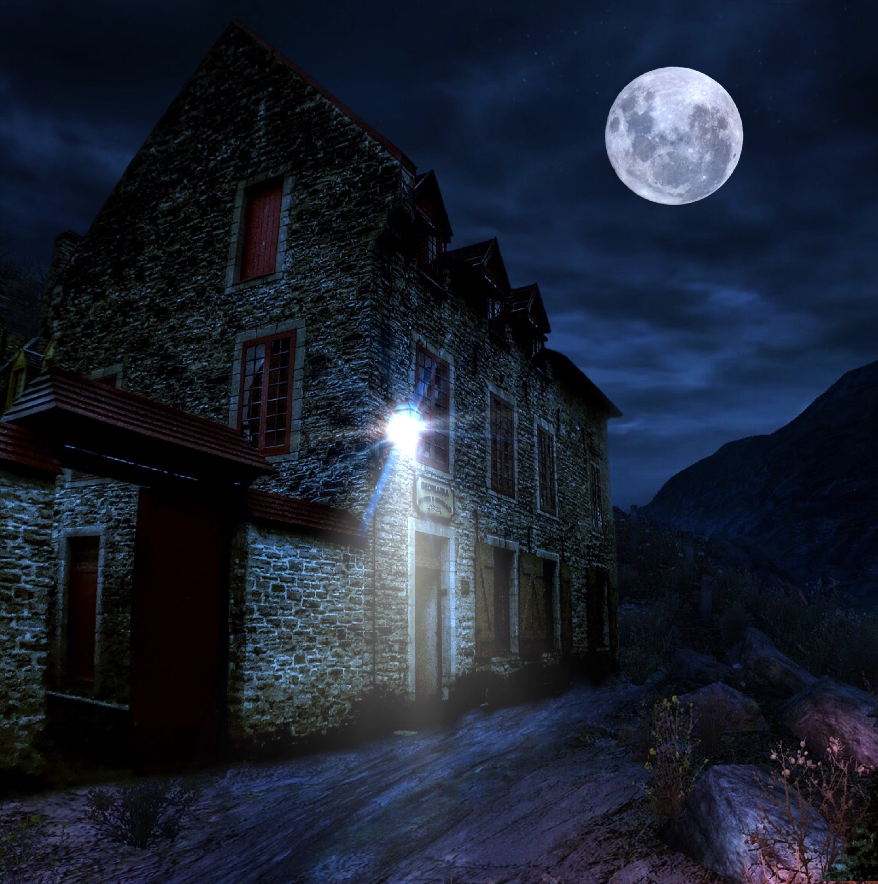 halloween, 2K, low angle view, outdoors, ghost, building, building exterior, sky, dark, planetary moon, spooky, scary, moonlight, circle, geometric shape, Phone HD Wallpaper