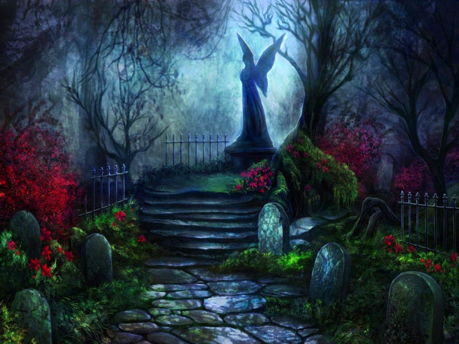 art, plant, fog, halloween, footpath, dusk, ornamental garden, Dark, psychedelic, artwork, formal garden, beauty in nature, tree, no people, architecture, HD Wallpaper