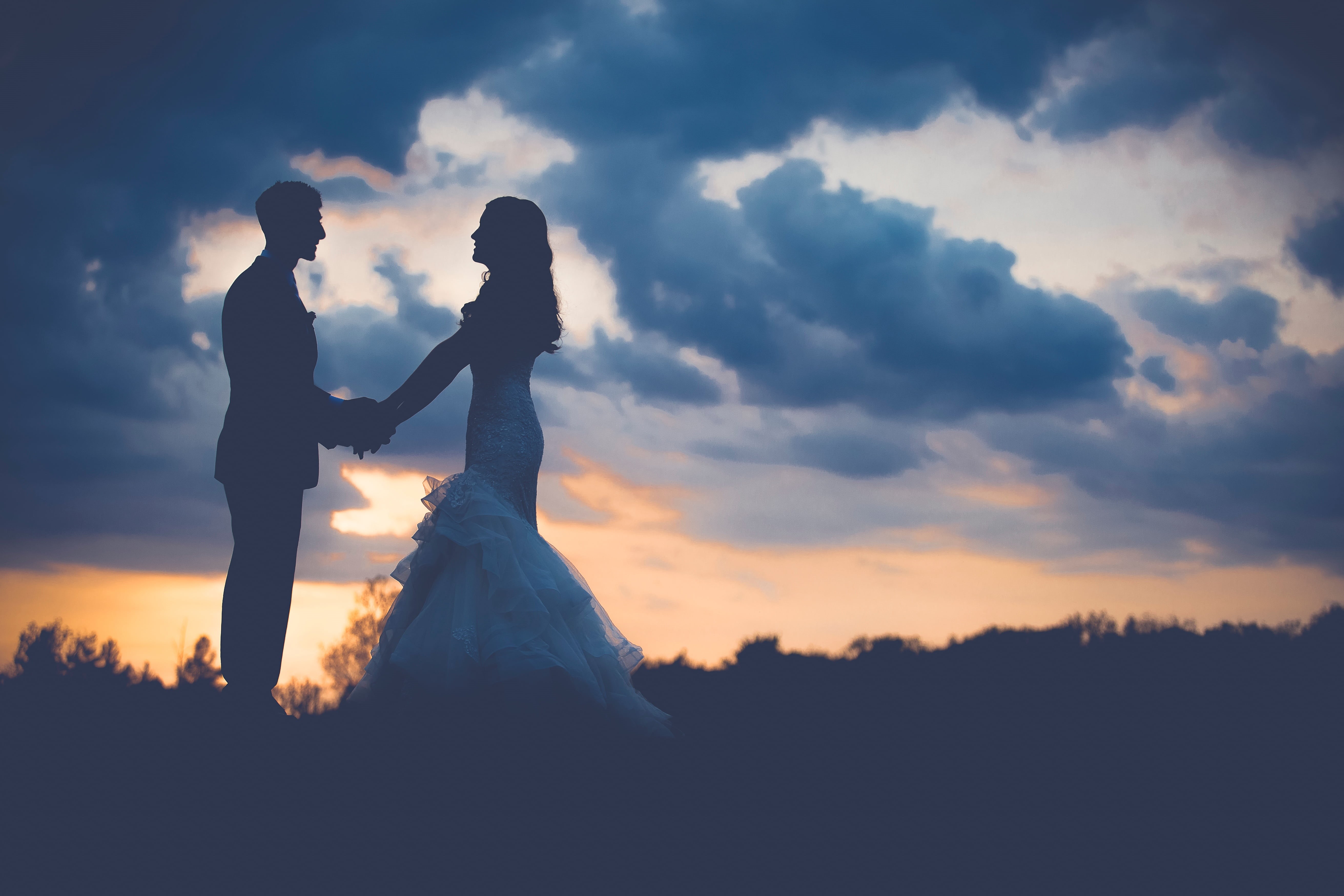 couples, wedding, women, girl, guy, couple - relationship, dark, adult, sky, silhouette, people, woman, men, wedding dress, wife, couple, sunset, bride, HD Wallpaper