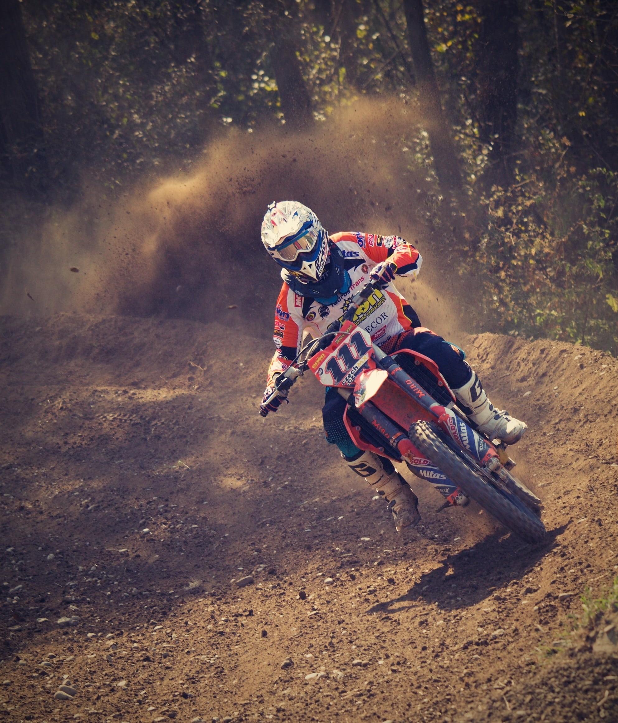crash helmet, sport, track, day, athlete, motor sport, action, cross, person, sports helmet, headwear, trees, motorbike, one person, riding, full length, Phone HD Wallpaper