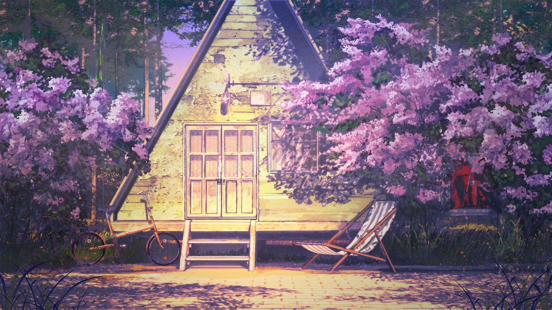 Everlasting Summer, park, cherry blossom, painting, purple, nature, day, blossom, triangle, cherry tree, outdoors, hammocks, flowering plant, bench, springtime, HD Wallpaper