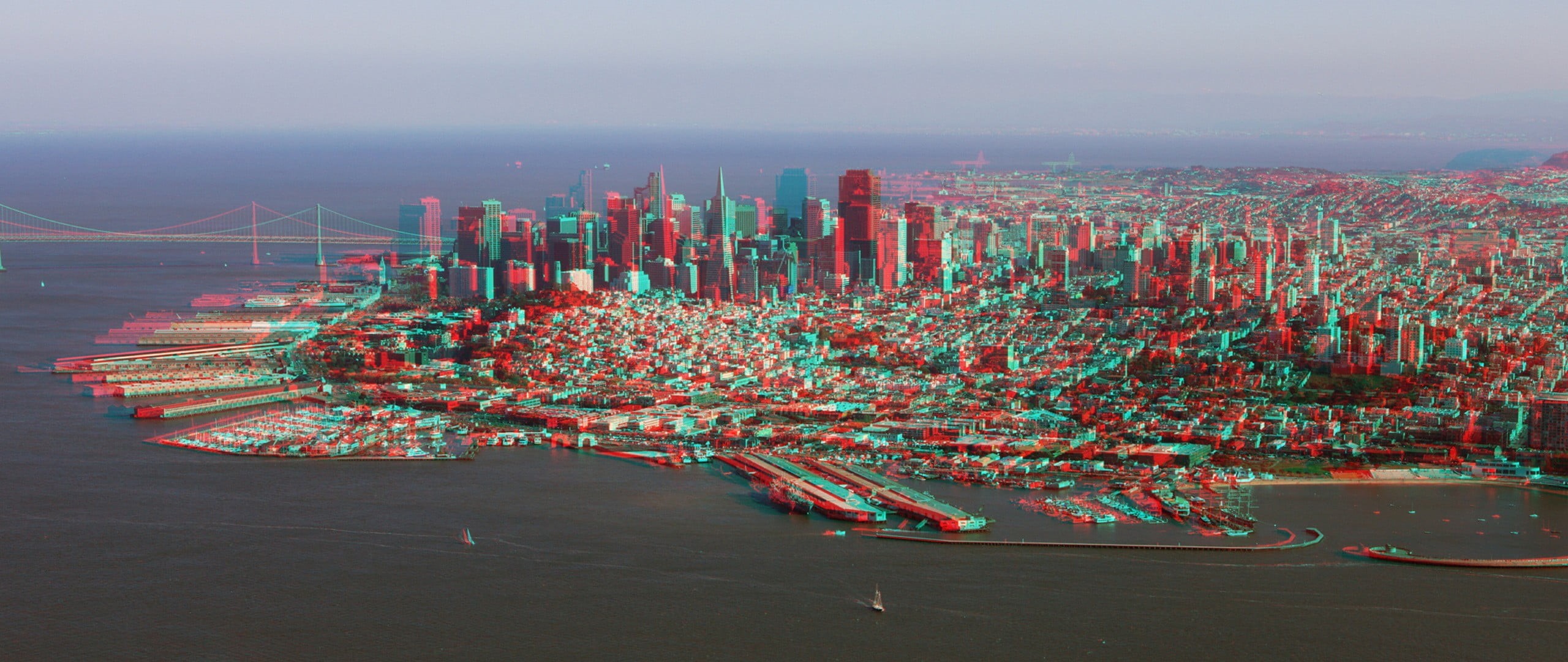 cityscape, sea, water, office building exterior, nature, industry, anaglyph 3D, building, buildings, built structure, economy, landscape, transportation, HD Wallpaper