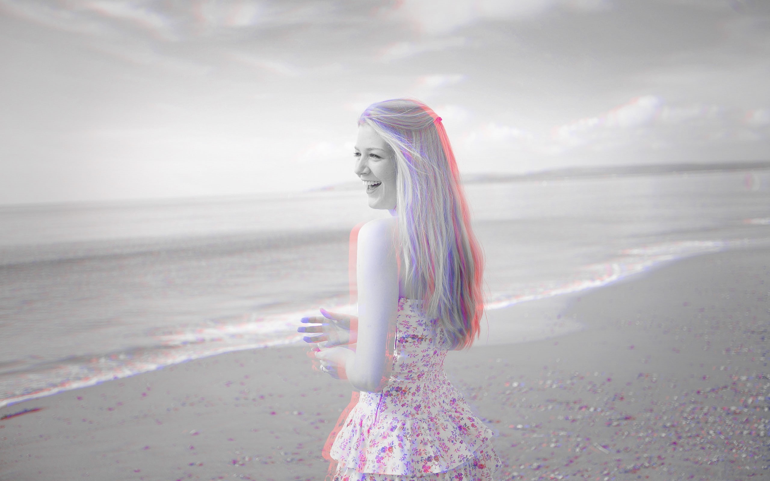 2K, young adult, young women, horizon over water, anaglyph 3D, hairstyle, one person, scenics - nature, water, women, sea, adult, land, hair, real people, HD Wallpaper
